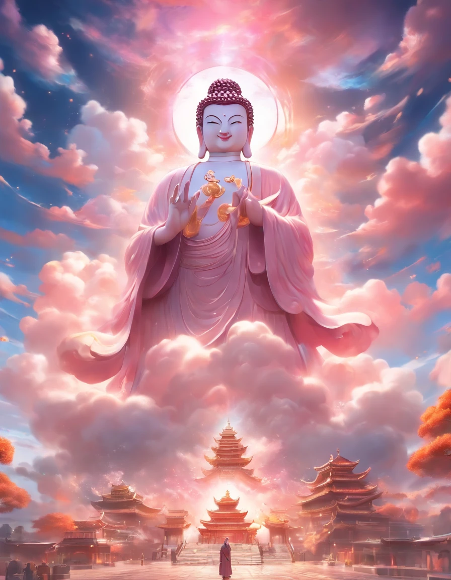 (Masterpiece)),(Best quality)),China-style,In the sky, The clouds form a huge transparent glowing white jade Maitreya Buddha statue,Thick clouds,The sun shines,Pilgrims on the road,Hyper-realistic,Ultra photo realsisim,Pink,8K,High definition,high qulity,Works of masters,super-fine,(((OC renderer)))