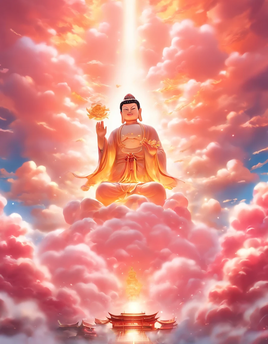 (Masterpiece))，(Best quality))，China-style，In the sky, The clouds form a huge transparent glowing white jade Maitreya Buddha statue，Thick clouds，The sun shines，Pilgrims on the road，Hyper-realistic，Ultra photo realsisim，Pink，8K，High definition，high qulity，Works of masters，super-fine，（（（OC renderer）））