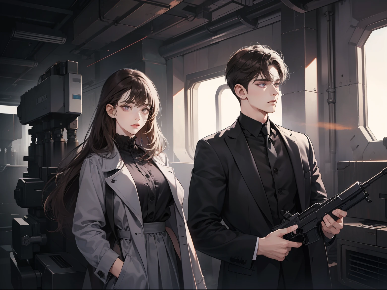 ((Masterpiece)), best quality, 1 boy and 1 girl, long straight black bang hair and purple eyes, short right-swept dark brown hair and dark grey eyes, (Partner in crime), boy is tall, 25 year old, mafia, (has a machine gun), side by side, detailed, 4K, ((cooler color tone))