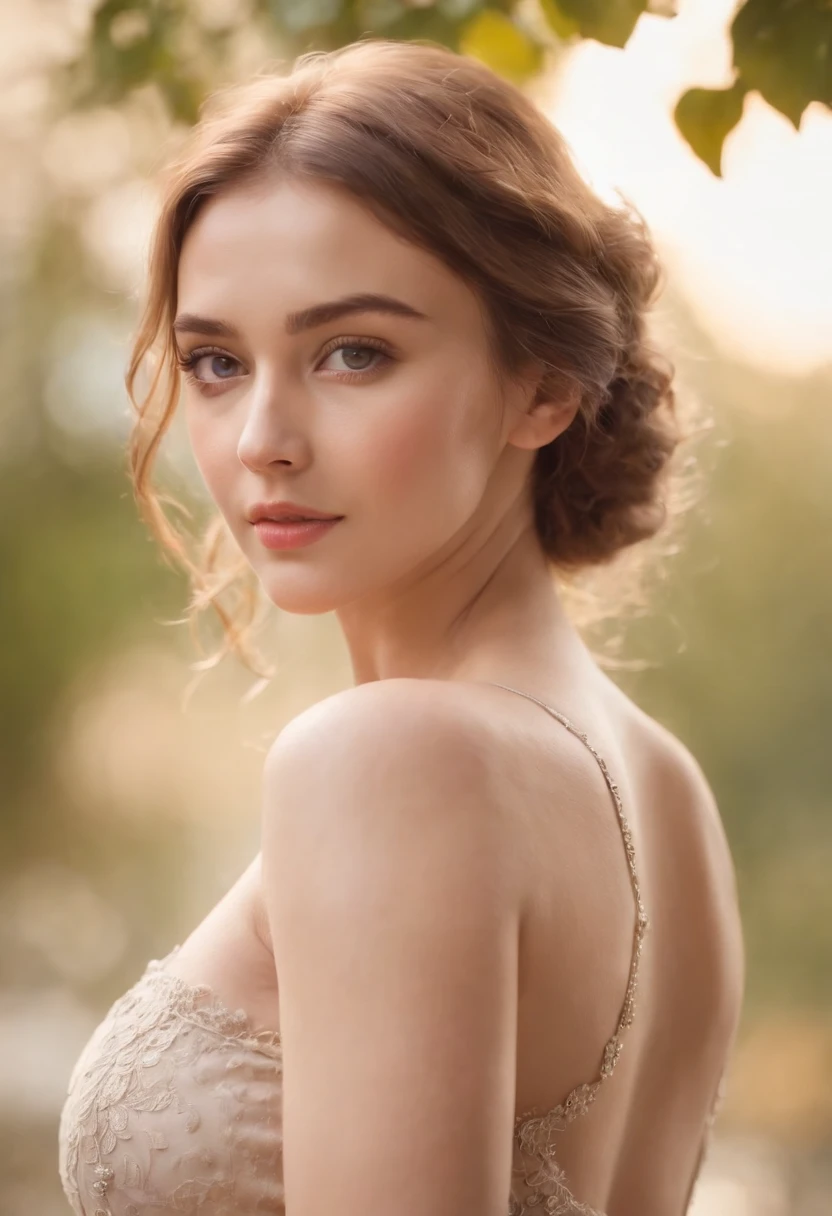 (best quality,realistic:1.2),female character,feminine figure,age 20,classy,athletic body type,shiny sun-kissed skin,voluptuous ample bosom,slim waist,curly light-colored hair,cinematic,realistic,authentic.