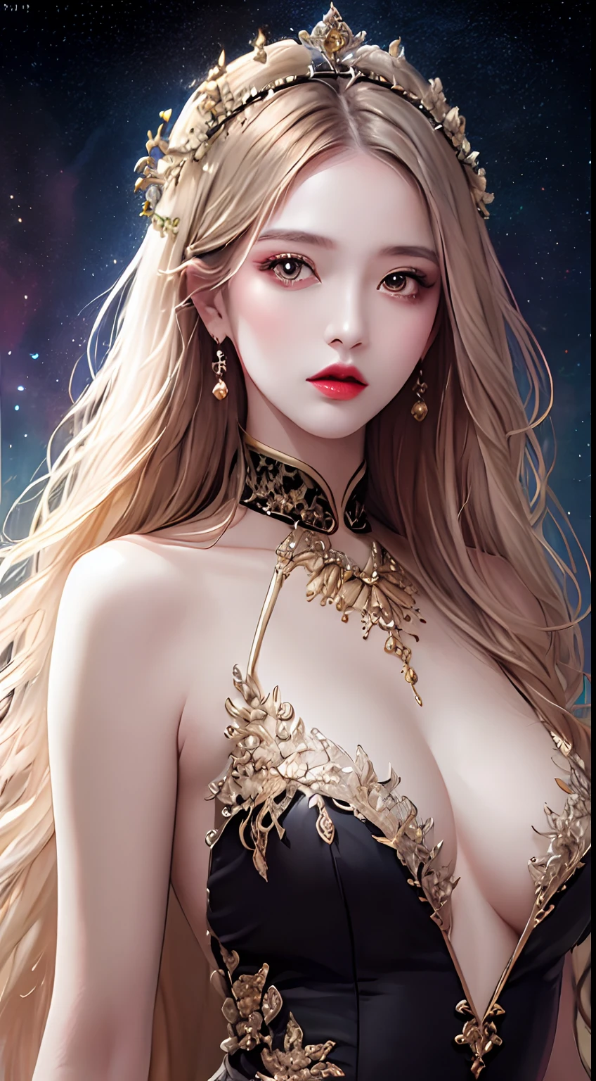 1 27-year-old girl, 1 zodiac goddess from the future, goddess of the pink and purple 12 zodiacs, the goddess of the zodiac in a yellow ao dai, a 12 zodiac ao dai with many black lace detail, mythology Goddess of the 12 zodiacs from the future, zodiac ♏, luxurious glittering zodiac style, dark and mysterious version, zodiac crown, lipstick lips red, thin and beautiful lips, mouth closed, characters made by karol bak and pino daeni, intricate detail, detailed background, extremely detailed, light magic, a woman, clear face, hair long with bangs, beautiful face in detail and well-proportioned eyes, (transparent yellow eyes: 1.8), big round eyes and very beautiful and detailed makeup, foresight, silk dress, mysterious makeup , double bangs and dyed light blonde , upper half portrait, zodiac goddess portrait, arms hanging loosely, Realistic and vivid photo, (stars make up the zodiac: 1.7), (sky background zodiac and fictitious space and time portal: 1.8), fiction art, RAW photo, hanfu picture, best photo, best photo quality, 8k quality, 8k ultra, super realistic, real photo most economical, the goddess poses sexy and seductive,