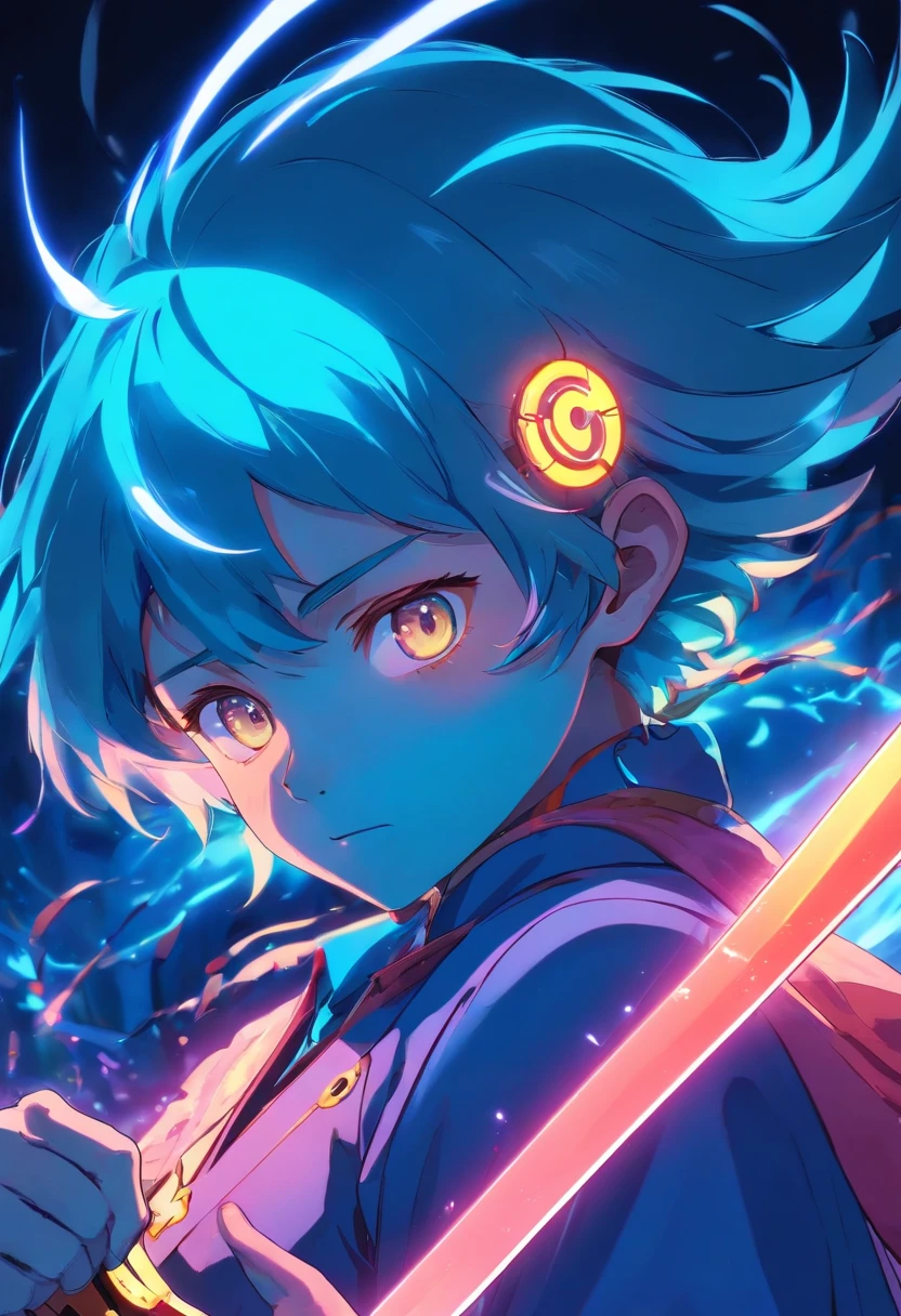 A bioluminescent photograph capturing the hypnotic close up portrait aura of a skullman wielding a vibrant blue luminous-sword. Inspired by Gatōken Shunshi's cyberpunk art on Artstation, this luminous composition merges rayonism with darksynth vibes. The intricate details of the luminous-sword and the skull-man are accentuated by a neon anime aesthetic, creating an electrifying visual experience.
