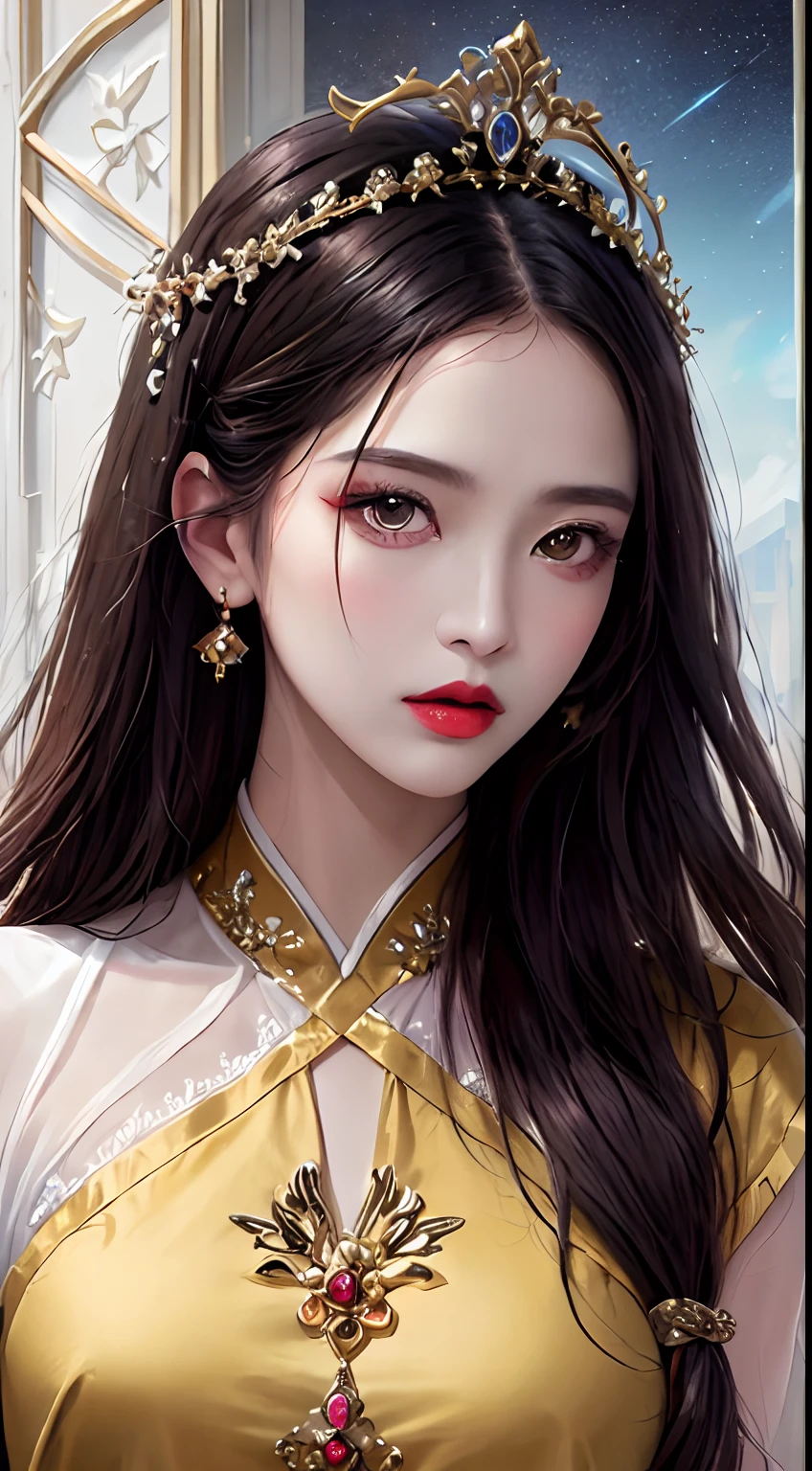 1 27-year-old girl, 1 zodiac goddess from the future, goddess of the pink and purple 12 zodiacs, the goddess of the zodiac in a yellow ao dai, a 12 zodiac ao dai with many black lace detail, mythology Goddess of the 12 zodiacs from the future, zodiac ♏, luxurious glittering zodiac style, dark and mysterious version, zodiac crown, lipstick lips red, thin and beautiful lips, mouth closed, characters made by karol bak and pino daeni, intricate detail, detailed background, extremely detailed, light magic, a woman, clear face, hair long with bangs, beautiful face in detail and well-proportioned eyes, (transparent yellow eyes: 1.8), big round eyes and very beautiful and detailed makeup, foresight, silk dress, mysterious makeup , double bangs and dyed light blonde , upper half portrait, zodiac goddess portrait, arms hanging loosely, Realistic and vivid photo, (stars make up the zodiac: 1.7), (sky background zodiac and fictitious space and time portal: 1.8), fiction art, RAW photo, hanfu picture, best photo, best photo quality, 8k quality, 8k ultra, super realistic, real photo most economical, the goddess poses sexy and seductive,