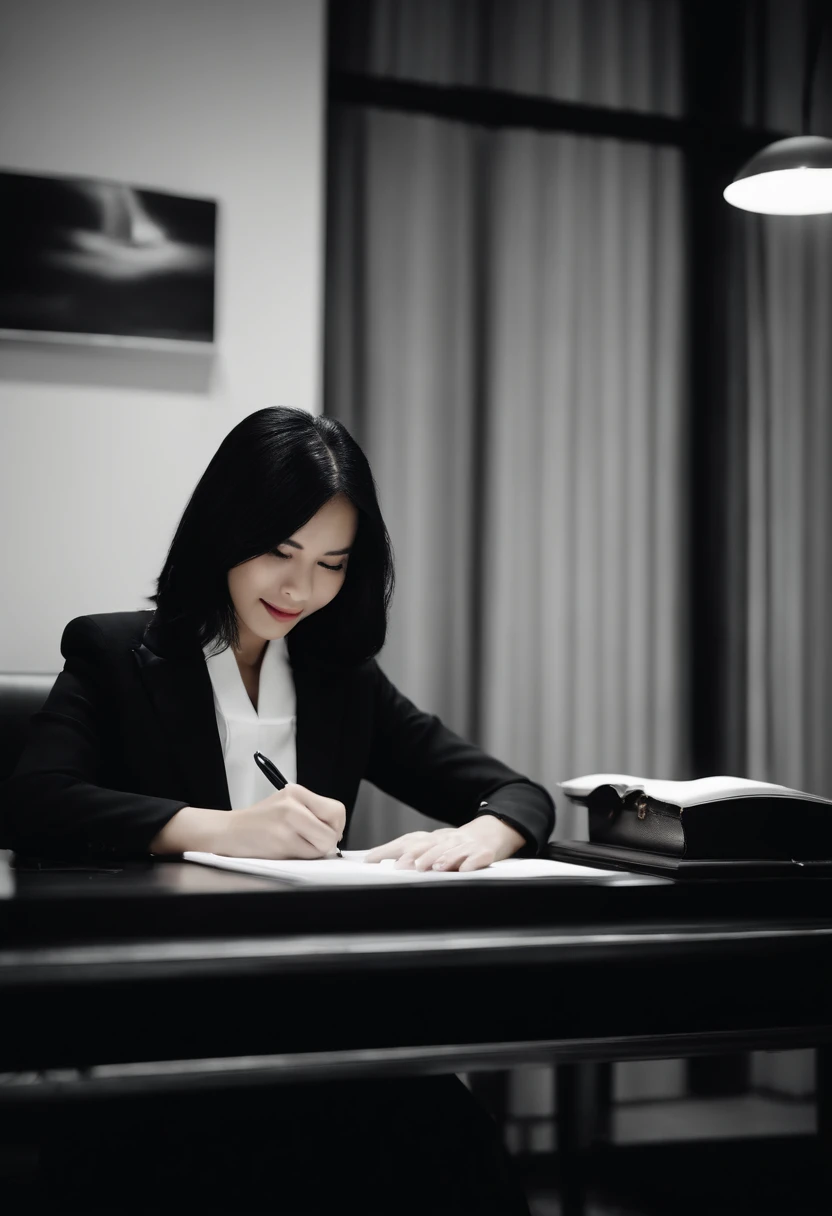 Wearing black leather gloves in both hands, upper body, black business suit, facing the desk in the modern study in the dark, looking down and smiling, writing a letter using a fountain pen, long, straight black hair, young Japanese woman (black leather gloves cover both hands)