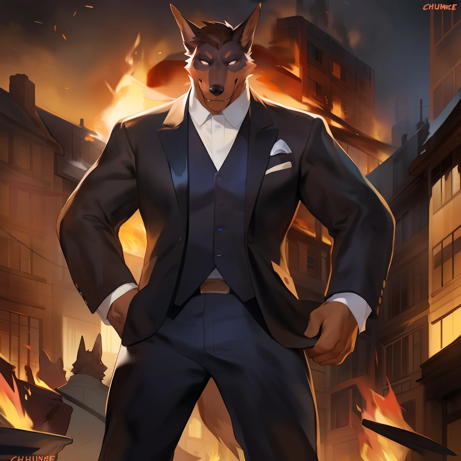 Solo, Male, canine, Doberman, Black eyes, Glowing eyes, (hair, snout), Muscular, by Bebebebebe, by Spikes, By Darkgem, by Mystic Fox 61, by Chunie, standing, suit, fire, burning building