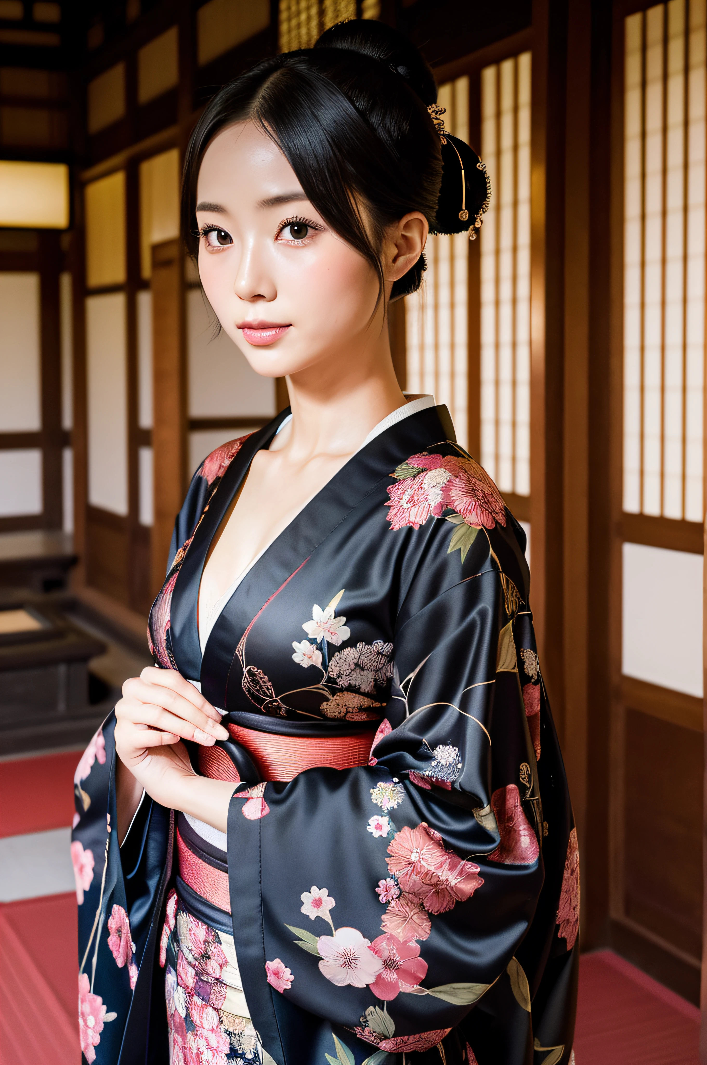 best quality, exotic woman in kimono, at kiyomizu-dera, early 30s, slender body, kimono shoud extremely tight-fit, kimono primarily color black or dark, kimono has glossy pattern, elegant
