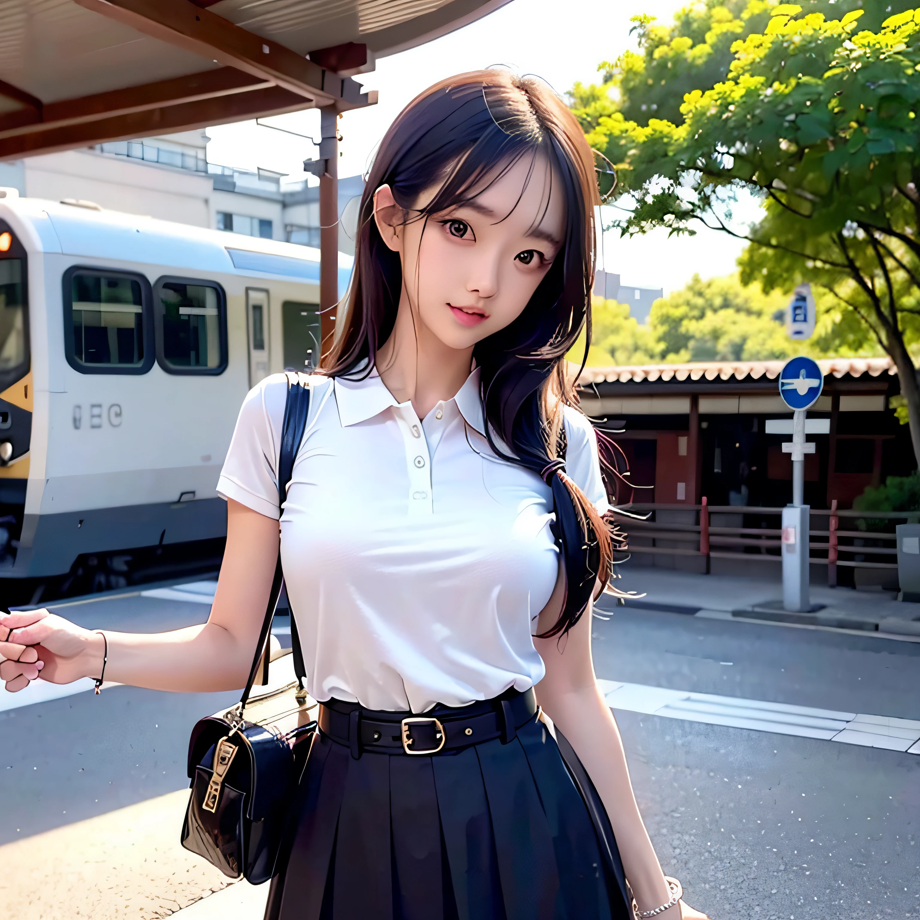 Realistic photos of 8k images (1 Cute Japan Woman) flipped hair, Slim body、Angel Smile、Thin makeup,Skirt is pulled up、White panties underneath、 medium breasts size, Orange Polo Shirt, At the train station, Canon EOS Clear Facial, 16 K, High resolution, sharp and realistic details, Overexposure, cut-in, nffsw, hight resolution, Best Quality