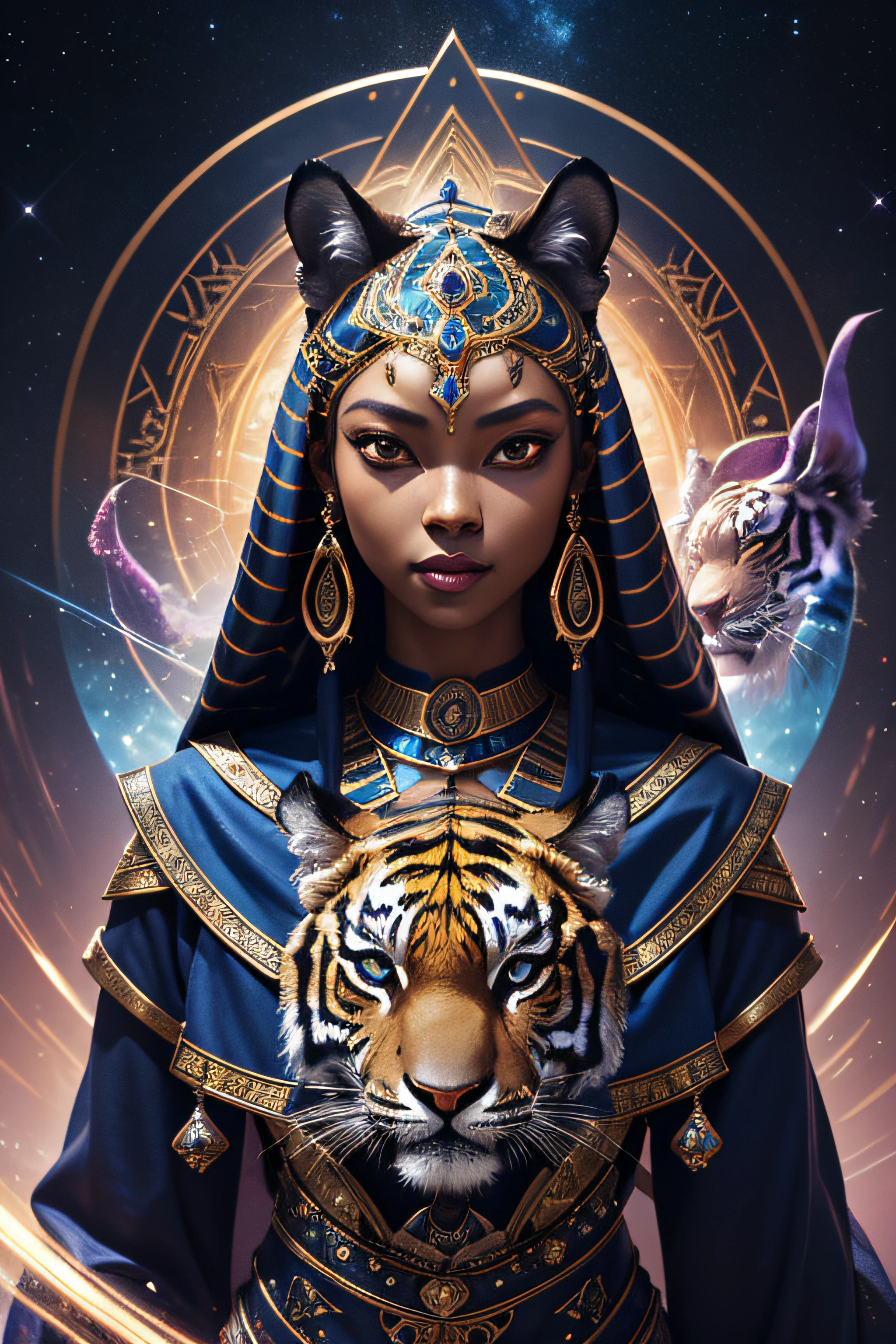 Portrait of Godanubis of a woman head in four-dimensional space, A tiger is glaring behind you、cart、Vortex of Light, aura, Magic, petal, Magic astral, ornate、masutepiece、DestinationHigh Quality、detail portrayal、32K、reallistic、