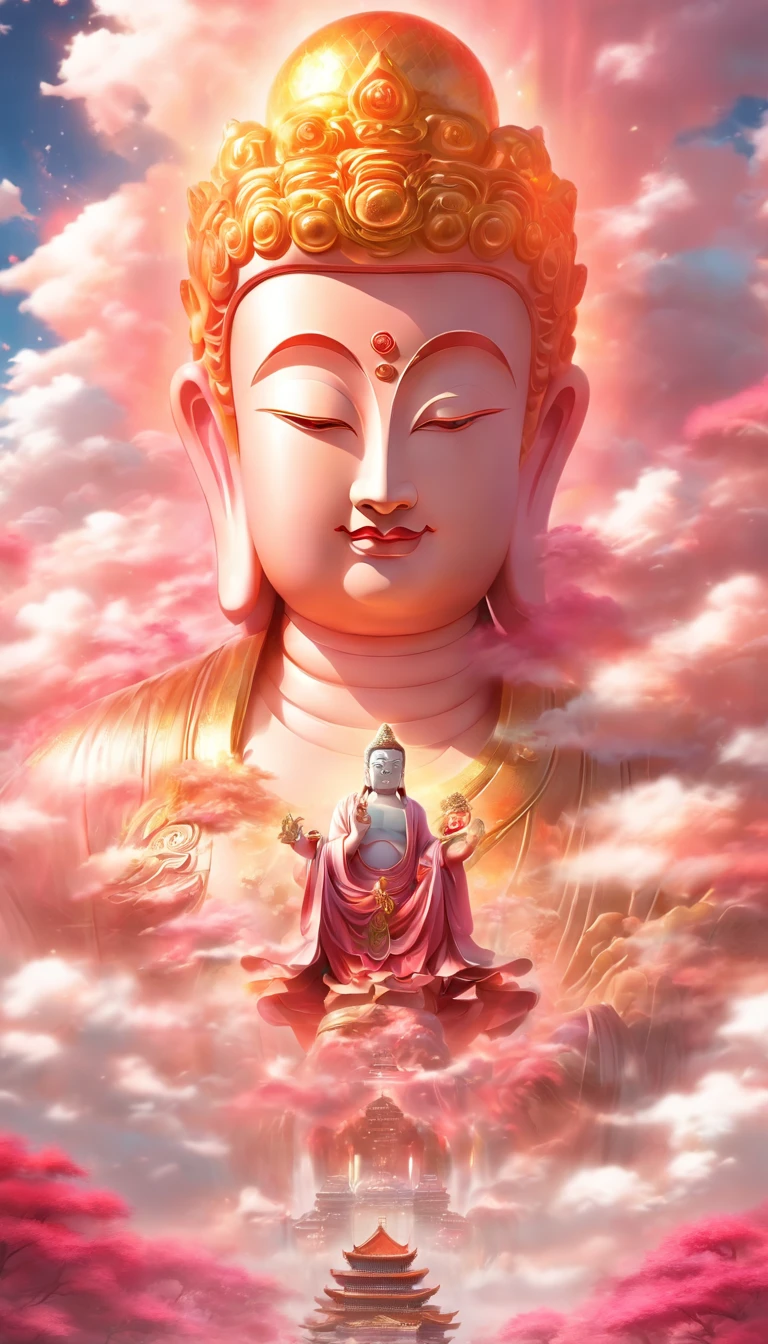 ((masutepiece)),(Best quality)),China style,In the sky, The clouds form a huge transparent shiny white jade Maitreya Buddha statue,Thick clouds,and the sun was shining brightly,Pilgrims on the road,Hyper-realistic,Ultra photo realsisim,Pink,8K,High definition,high qulity,Works of masters,super-fine,(((OC renderer)))