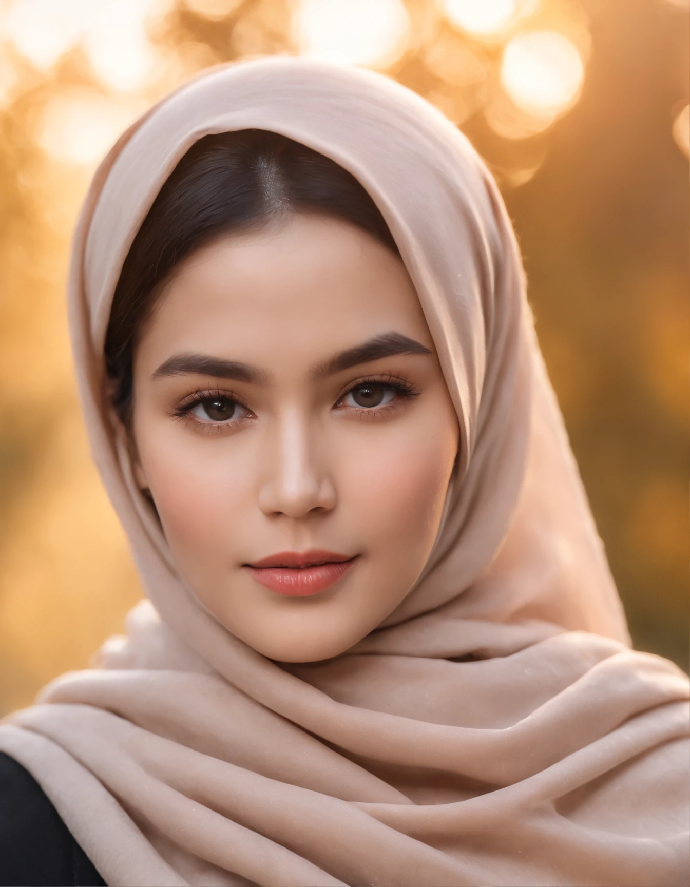 there is a woman wearing a scarf and holding a cell phone, a picture inspired by Basuki Abdullah, instagram, hurufiyya, close up potrait, faridah malik, taken at golden hour, with accurate face, potrait, during sunset, neutral face, selfie photo, hijab, face picture, 8k selfie photograph, face with artgram