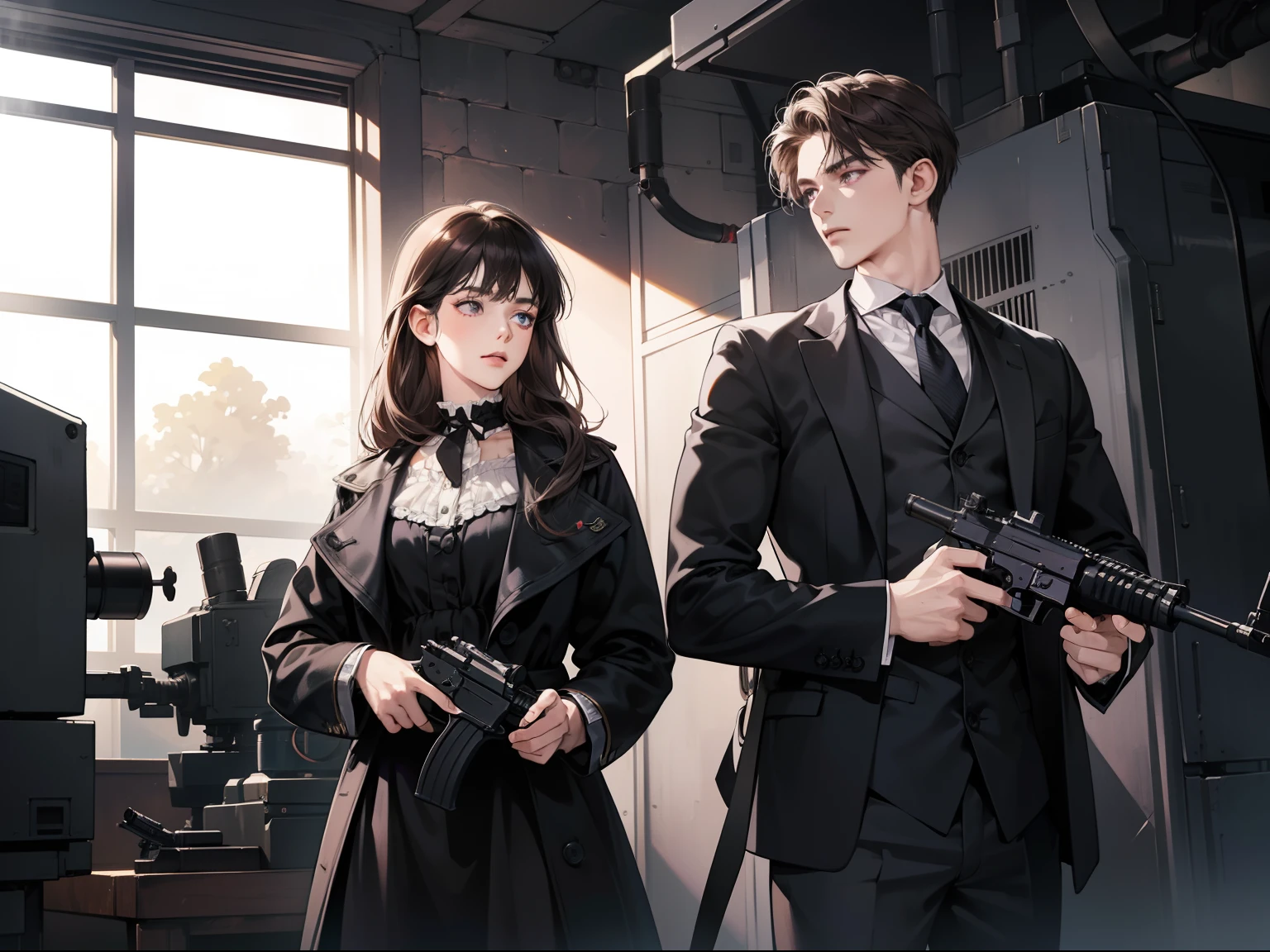((Masterpiece)), best quality, 1 boy and 1 girl, long straight black bang hair and purple eyes, short right-swept dark brown hair and dark grey eyes, (Partner in crime), boy is tall, 25 year old, mafia, (has a machine gun), side by side, detailed, 4K, ((cooler color tone)), Victorian era