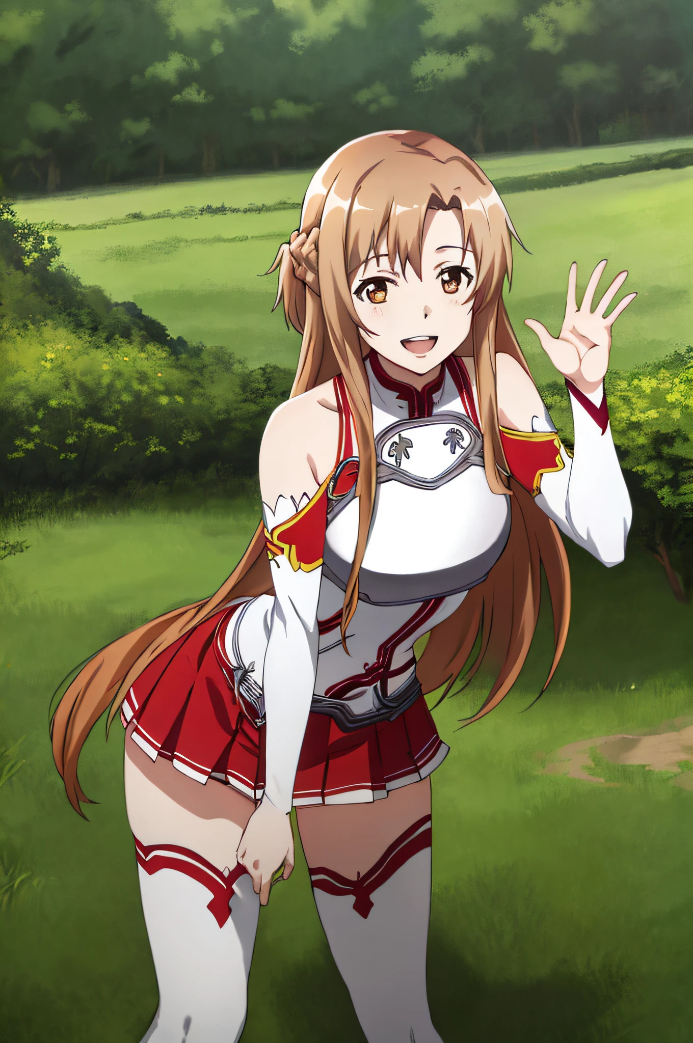 masterpiece, best quality, highres, aaasuna, long hair, brown hair, braid, brown eyes, bare shoulders, armor, breastplate, white sleeves, detached sleeves, red skirt, pleated skirt, white thighhighs, waving, smile, leaning forward, open mouth, town, fantasy