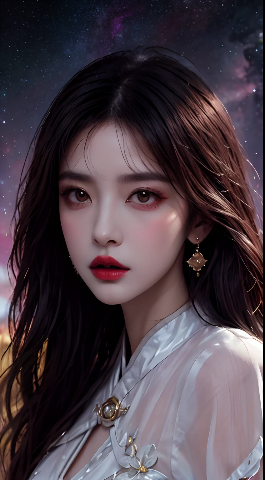 1 27-year-old girl, 1 zodiac goddess from the future, goddess of the pink and purple 12 zodiacs, the goddess of the zodiac in a yellow ao dai, a 12 zodiac ao dai with many black lace detail, mythology Goddess of the 12 zodiacs from the future, zodiac ♏, luxurious glittering zodiac style, dark and mysterious version, zodiac crown, lipstick lips red, thin and beautiful lips, mouth closed, characters made by karol bak and pino daeni, intricate detail, detailed background, extremely detailed, light magic, a woman, clear face, hair long with bangs, beautiful face in detail and well-proportioned eyes, (transparent yellow eyes: 1.8), big round eyes and very beautiful and detailed makeup, foresight, silk dress, mysterious makeup , double bangs and dyed light blonde , upper half portrait, zodiac goddess portrait, arms hanging loosely, Realistic and vivid photo, (stars make up the zodiac: 1.7), (sky background zodiac and fictitious space and time portal: 1.8), fiction art, RAW photo, hanfu picture, best photo, best photo quality, 8k quality, 8k ultra, super realistic, real photo most economical, the goddess poses sexy and seductive,