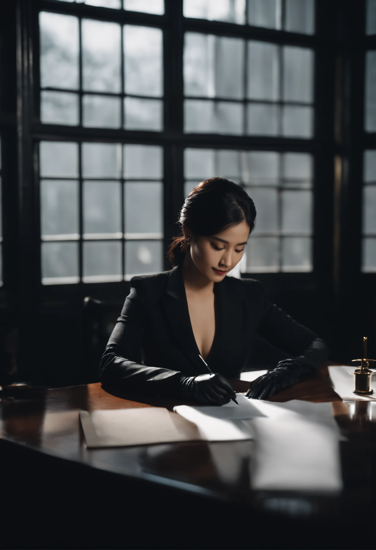 Wearing black leather gloves in both hands, upper body, black business suit, facing the desk in the modern study in the dark, looking down and smiling, writing a letter using a fountain pen, long, straight black hair, young Japanese woman (black leather gloves cover both hands)