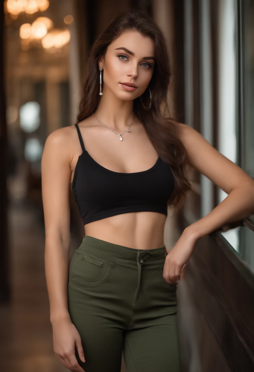 arafed woman with a white tank top and a necklace, sexy girl with green eyes, portrait sophie mudd, brown hair and large eyes, selfie of a young woman, violet myers, without makeup, natural makeup, looking directly at the camera, face with artgram, subtle makeup, stunning full body shot, piercing green eyes, beautiful angle, attractive pose, cute girl, sexy pose, full body picture, full body, full body shoot, brunette goddess, high detail, satisfied pose, leather pants, in the mall