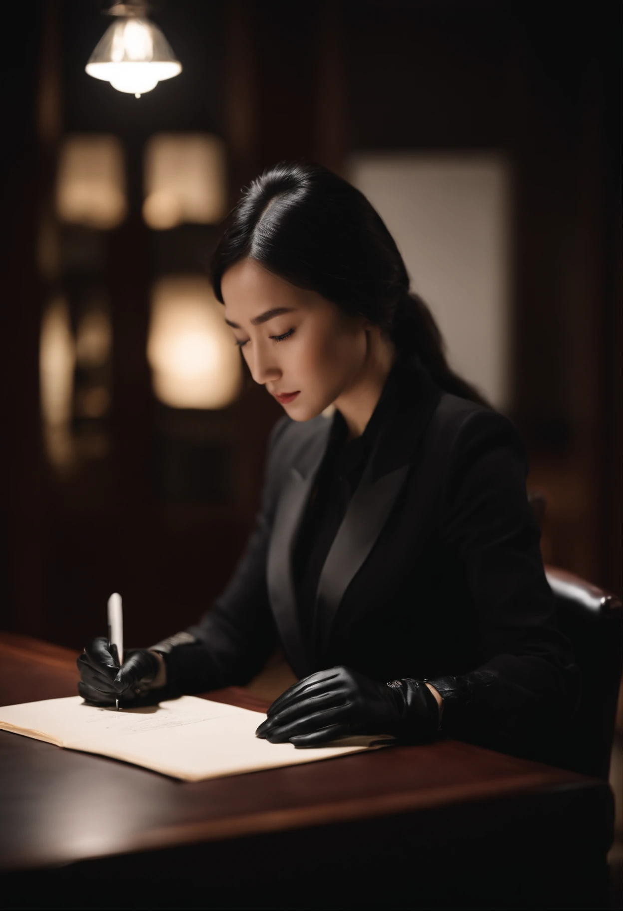 Wearing black leather gloves in both hands, upper body, black business suit, facing the desk in the modern study in the dark, looking down and smiling, writing a letter using a fountain pen, long, straight black hair, young Japanese woman (black leather gloves cover both hands)