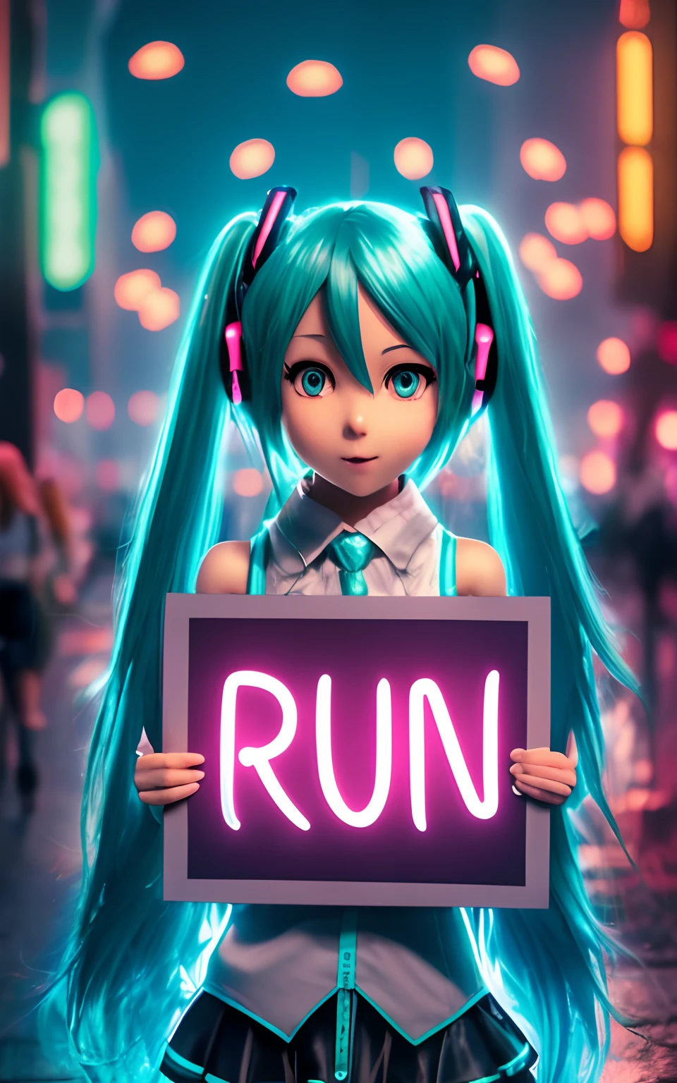 a girl with long blue hair holding a sign that says run, miku, the anime girl is running, hatsune miku, mikudayo, anime style. 8k, vocaloid, anime styled 3d, hatsune miku cosplay, realistic anime 3 d style, render of a cute 3d anime girl, anime style 4 k, art deco outrun anime aesthestic