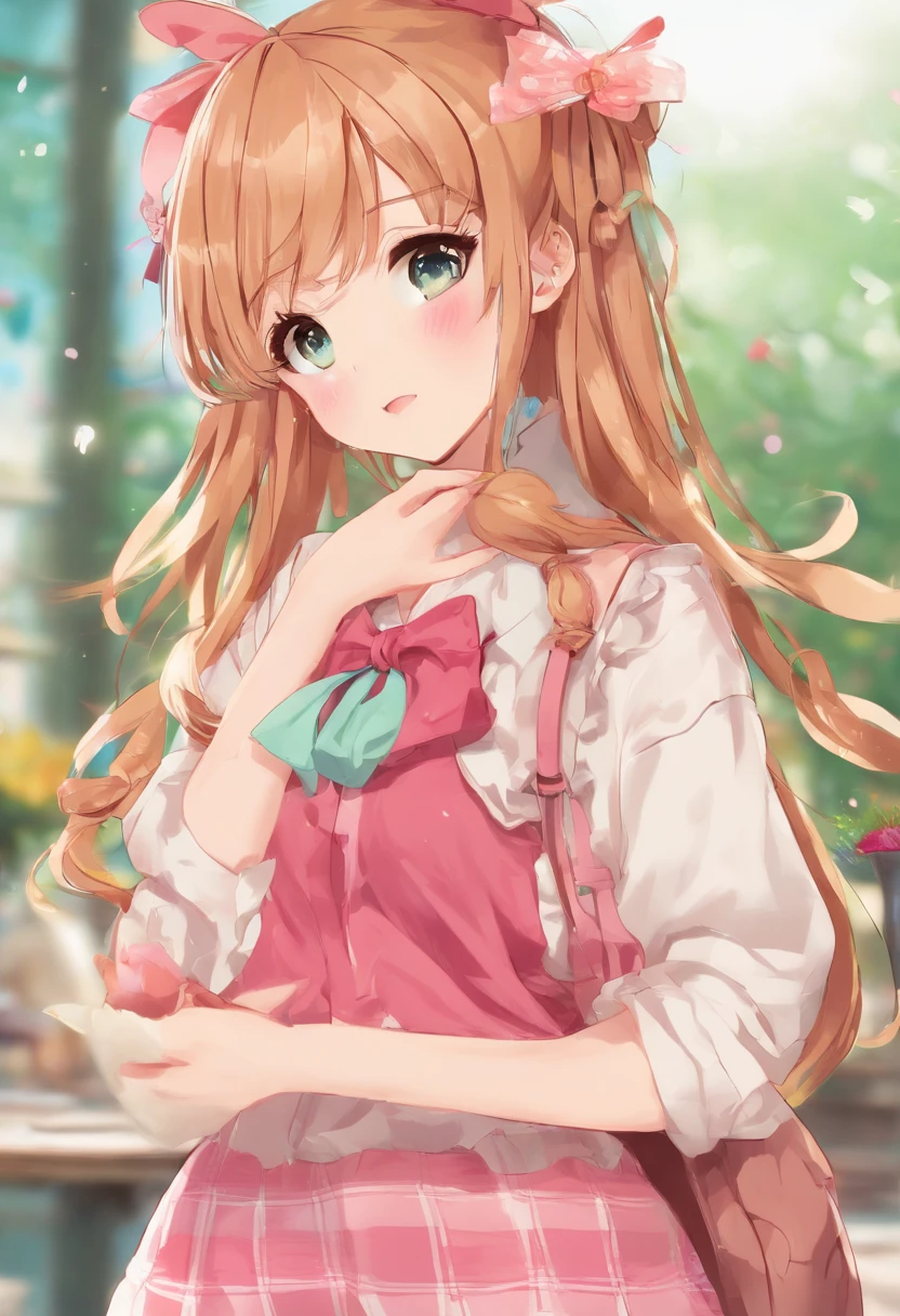 in 8K、top-quality、masterpiece、ultra-detailliert、Ultra-high resolution、1 girl in、with round face、dark brown hair、Hair luster、Tear bag、二重まぶた、long eyelashes、drooing eyes、makeup、eyeshadows、poneyTail、校服、plaid skirts、full body Esbian、wonderment、strong breeze、Flipping skirt
