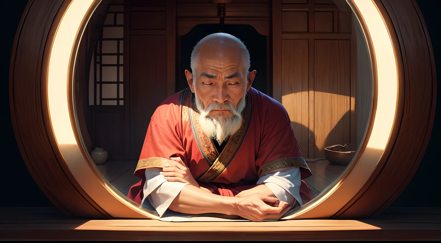 Chinese wise man, olhos fechados, virado para a camera, in a position of meditation or reflection, com vestimetna humilde