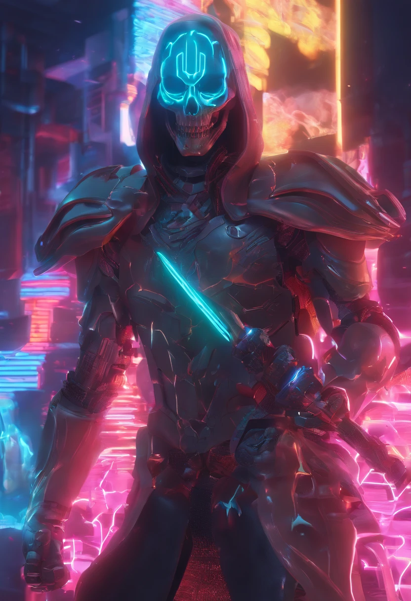 A bioluminescent photograph capturing the hypnotic close up portrait aura of a skullman wielding a vibrant blue luminous-sword. Inspired by Gatōken Shunshi's cyberpunk art on Artstation, this luminous composition merges rayonism with darksynth vibes. The intricate details of the luminous-sword and the skull-man are accentuated by a neon anime aesthetic, creating an electrifying visual experience.