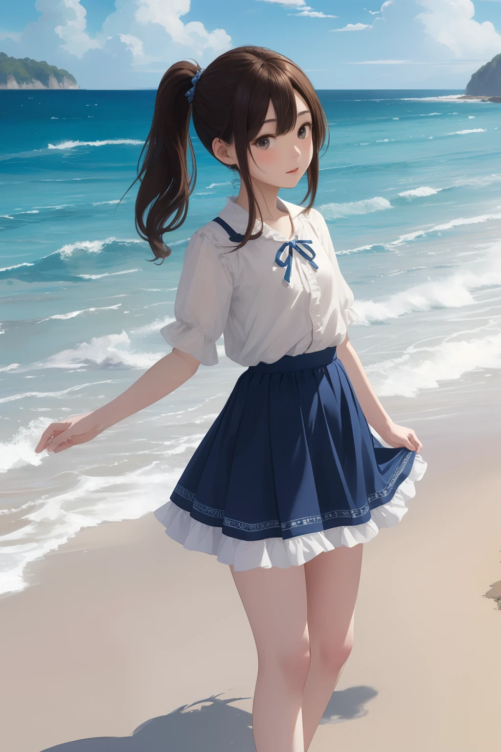 FULL BODYSHOT、an oil painting、masterpiece、top-quality、hight resolution、Brown hair、Long、poneyTail、Small、Fluffy chiffon skirt、sea side、shores、blue-sky、tiny chest、Light blueTThe shirt