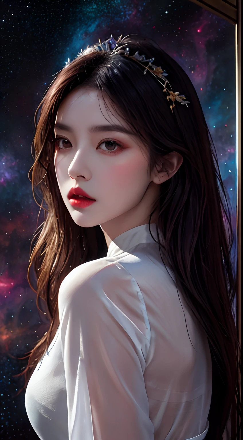 1 27-year-old girl, 1 zodiac goddess from the future, goddess of the pink and purple 12 zodiacs, the goddess of the zodiac in a yellow ao dai, a 12 zodiac ao dai with many black lace detail, mythology Goddess of the 12 zodiacs from the future, zodiac ♏, luxurious glittering zodiac style, dark and mysterious version, zodiac crown, lipstick lips red, thin and beautiful lips, mouth closed, characters made by karol bak and pino daeni, intricate detail, detailed background, extremely detailed, light magic, a woman, clear face, hair long with bangs, beautiful face in detail and well-proportioned eyes, (transparent yellow eyes: 1.8), big round eyes and very beautiful and detailed makeup, foresight, silk dress, mysterious makeup , double bangs and dyed light blonde , upper half portrait, zodiac goddess portrait, arms hanging loosely, Realistic and vivid photo, (stars make up the zodiac: 1.7), (sky background zodiac and fictitious space and time portal: 1.8), fiction art, RAW photo, hanfu picture, best photo, best photo quality, 8k quality, 8k ultra, super realistic, real photo most economical, the goddess poses sexy and seductive,