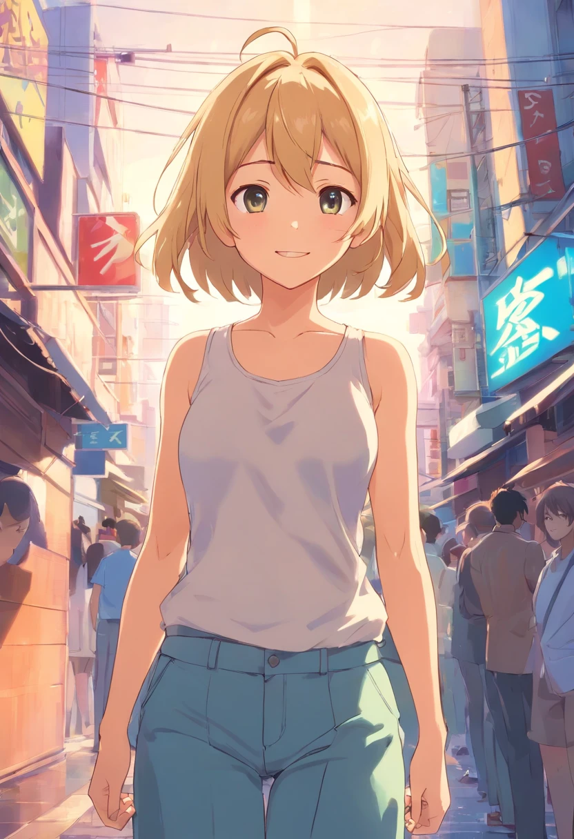 Curta, Slim man, tanned and soft skin, rather long wavy blonde hair, small back, rather wide hips, Cute thighs, Rather large buttocks, Very small members, His little balls would be bigger than my erect members, Cute face / tender、17 year old girl、realisitic、Live Action、Happy smile