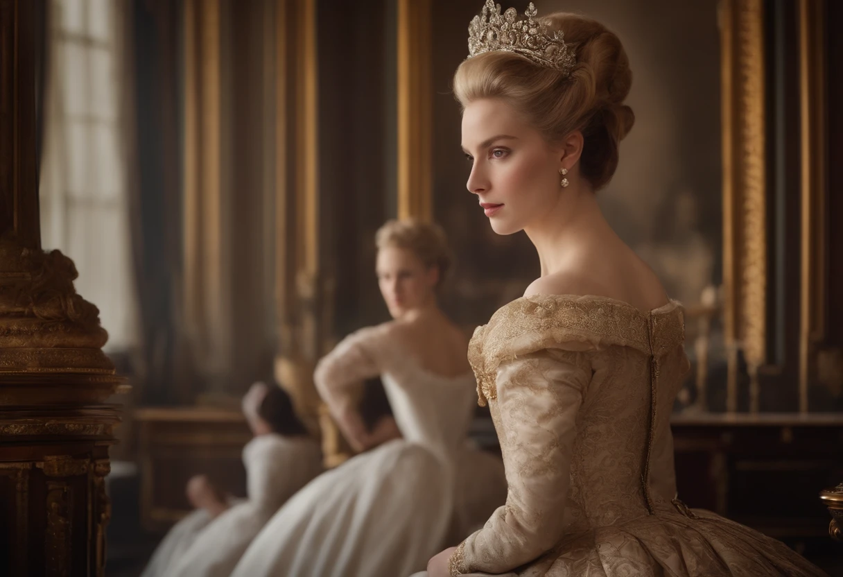 Beauty in the middle of the picture, French, (pale:1.3) Skin, The empress is 24 years old and has a 7-year-old daughter. Straight blonde hair in bun hairstyle, Large eyelashes, self-confident, serious, arrogant, no makeup, Beautiful body, Intricate Victorian costumes, In the palace, victorian era