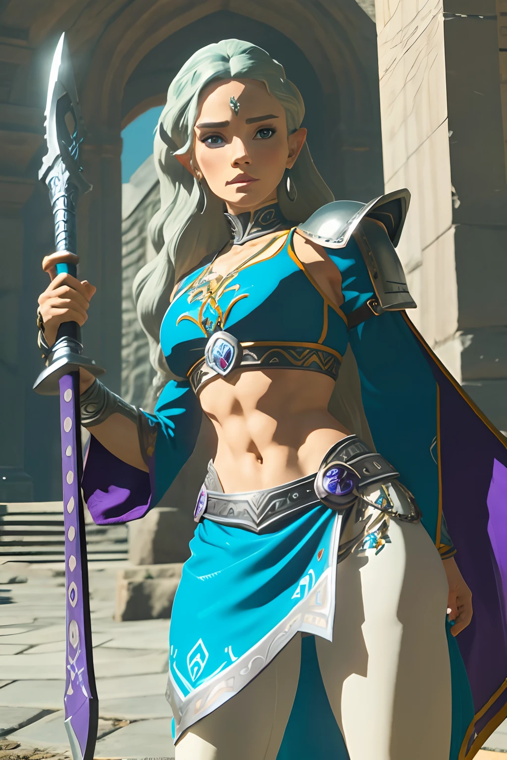 tall woman with light blue skin, with a beautiful face, black eyes, long and wavy purple hair, with silver armor, a round silver shield in her right hand and a giant silver ax in her left hand.