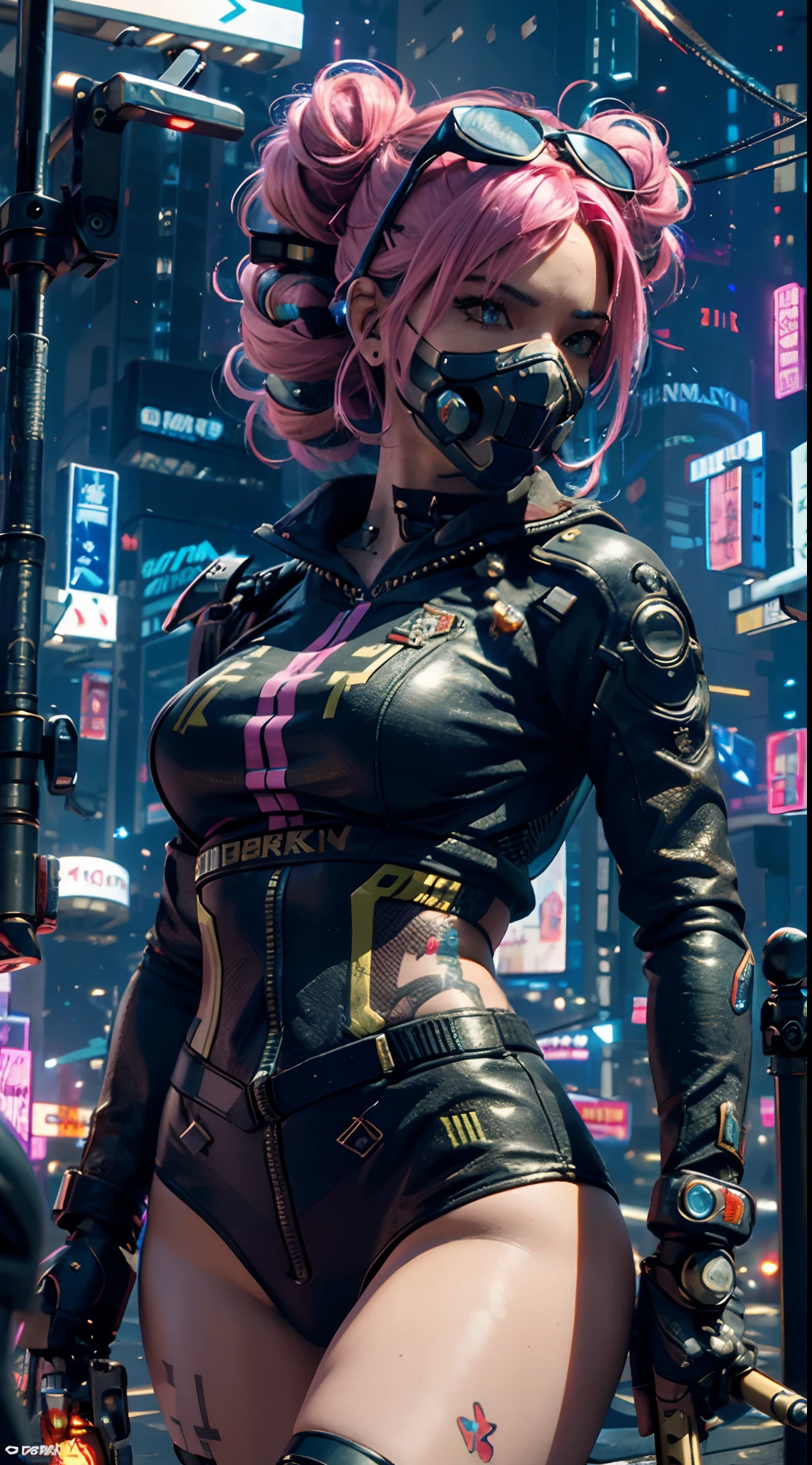 masterpiece, maximum quality,CG art,RTX 4090,best quality,4K,1080p,realistic,CG wallpaper,super high detailed,ultra high resolution, 8k, cyberpunk2077,Blade runner 2049,a woman,beauty,21years old,fair skin, extremely beautiful,strong gaze, alone,portrait,((close-up face)),cyberpunk outfit, extremely detailed face, detailed eyes,mischievous smile, cheerful, realistic photo, totally realistic, human pelle, studio lighting,golden ratio body, wide hips,perfect legs, big ass,pink hair,curly hair,double buns,blunt bangs,white clothing,D-cup breasts,in the rooftop of cyberpunk city,cyberpunk city background,((night)),rain,tattoos,Combat posture,((cyborg)),((Mechanical mask)),holding a katana