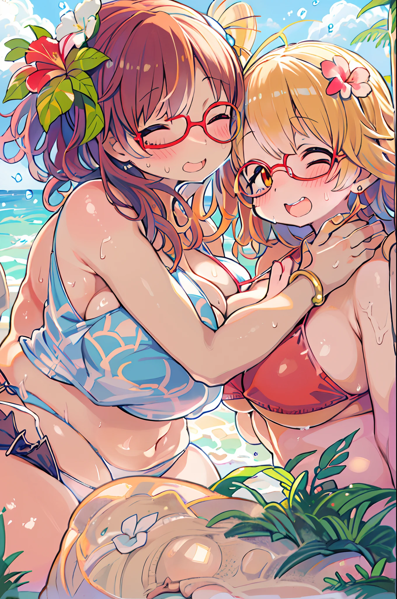 Two-dimensional girl、((Summer light))、Steppe on a summer day、((From the top))、The Sun Directly Above、huge-breasted、big round glasses、bbw,Large Thigh、Two girls、embracing each other、Deep kissing、the kiss、lesbian、red blush、Okinawa、hibiscus、swim wears、Hot summer days、Mare