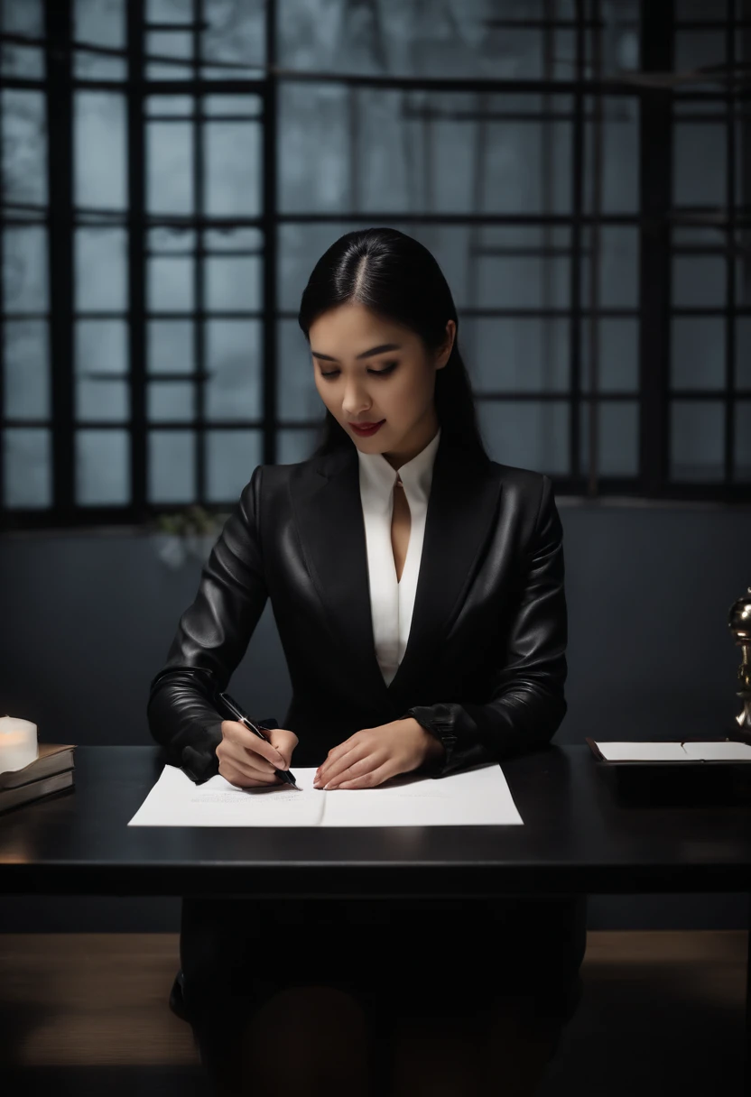 Wearing black leather gloves in both hands, upper body, black business suit, facing the desk in the modern study in the dark, looking down and smiling, writing a letter using a fountain pen, long, straight black hair, young Japanese woman (black leather gloves cover both hands)
