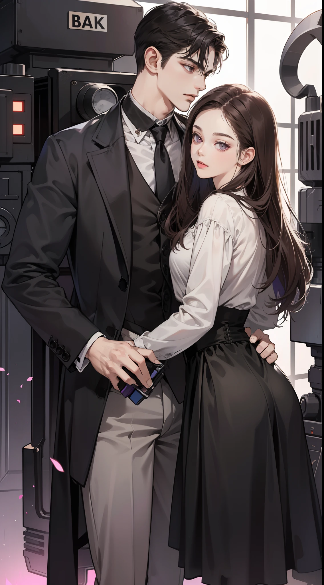 ((Masterpiece)), best quality, 1 boy and 1 girl, long straight black bang hair and purple eyes, short right-swept dark brown hair and dark grey eyes, (Partner in crime), boy is tall, 25 year old, mafia, (has a machine gun), side by side, detailed, 4K, ((cooler color tone)), Victorian era