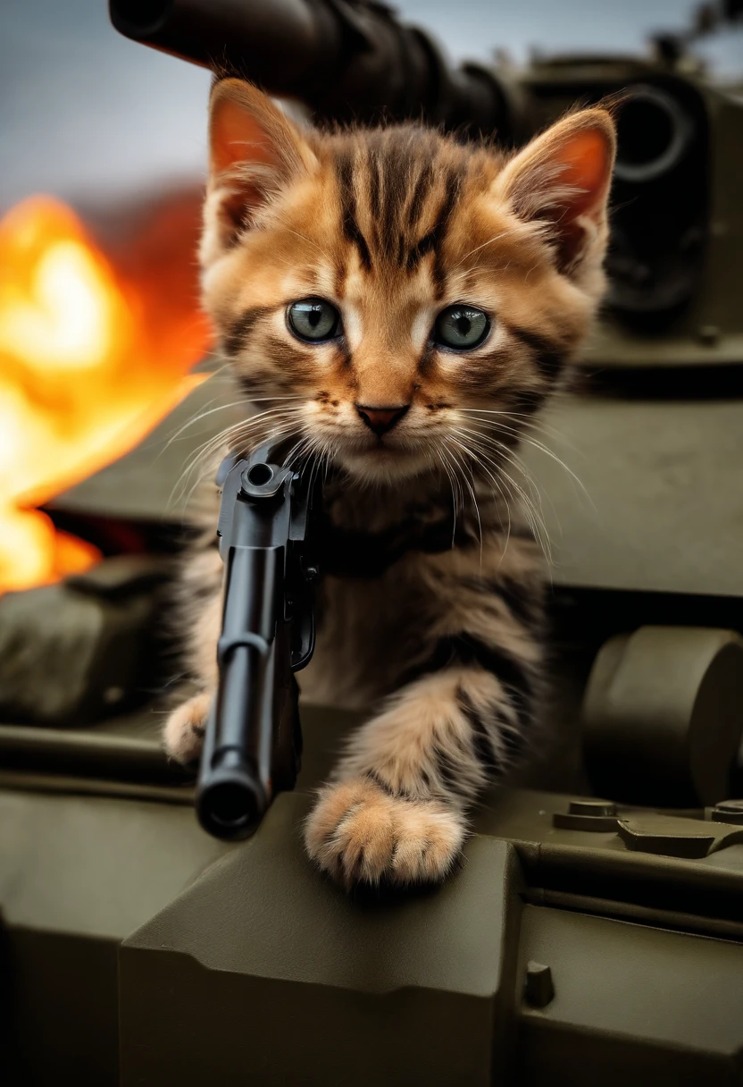kitten, cool, general, on a tank, battle field, holding a pistol, scar on 1 eye, black, fire, war, cute