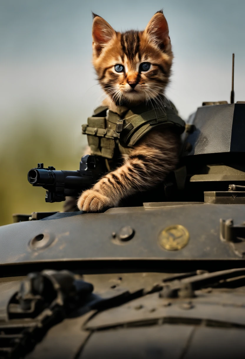 kitten, cool, general, on a tank, battle field, holding a pistol, scar on 1 eye, black, fire, war, cute