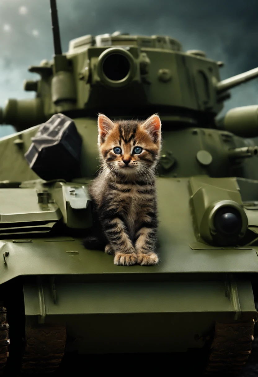 kitten, cool, general, on a tank, battle field, holding a pistol, scar on 1 eye, black, fire, war, cute