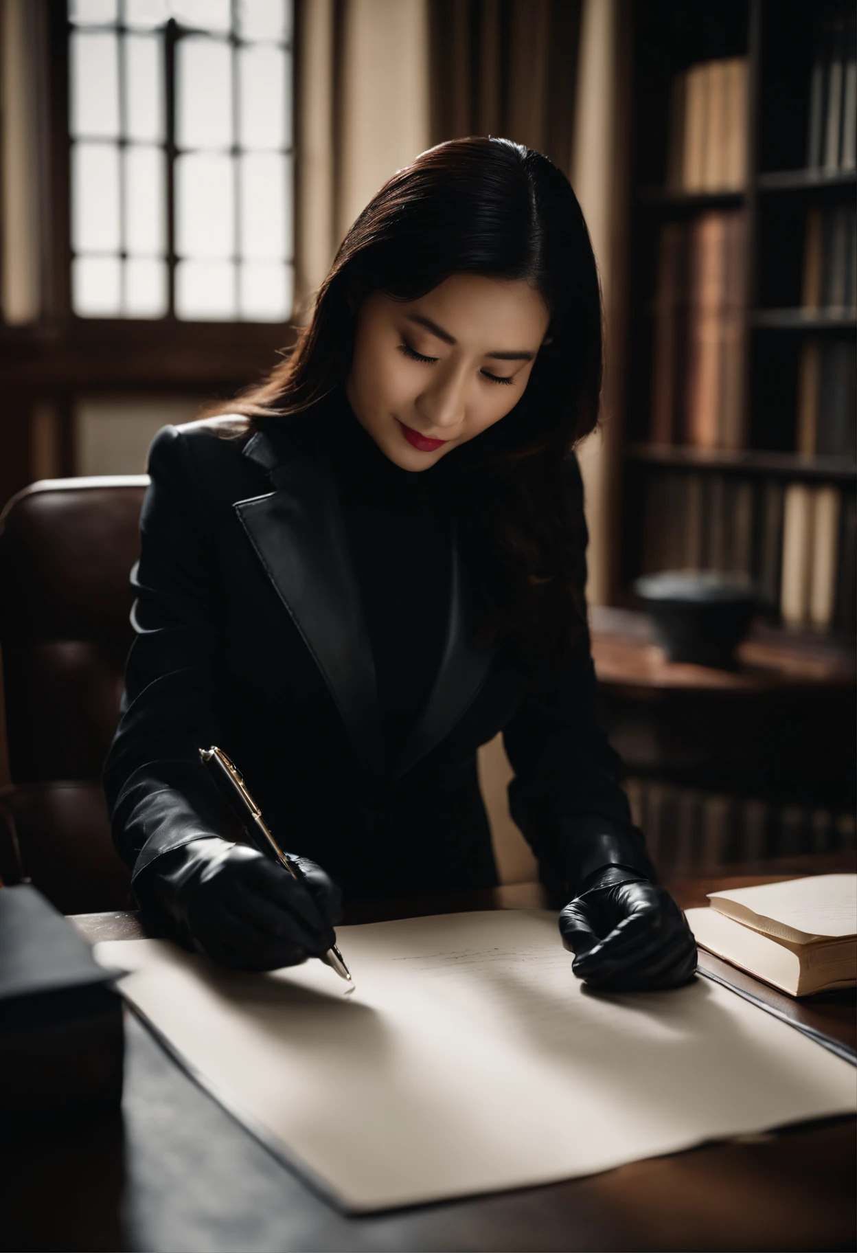 Wearing black leather gloves in both hands, upper body, black business suit, facing the desk in the modern study in the dark, looking down and smiling, writing a letter using a fountain pen, long, straight black hair, young Japanese woman (black leather gloves cover both hands)