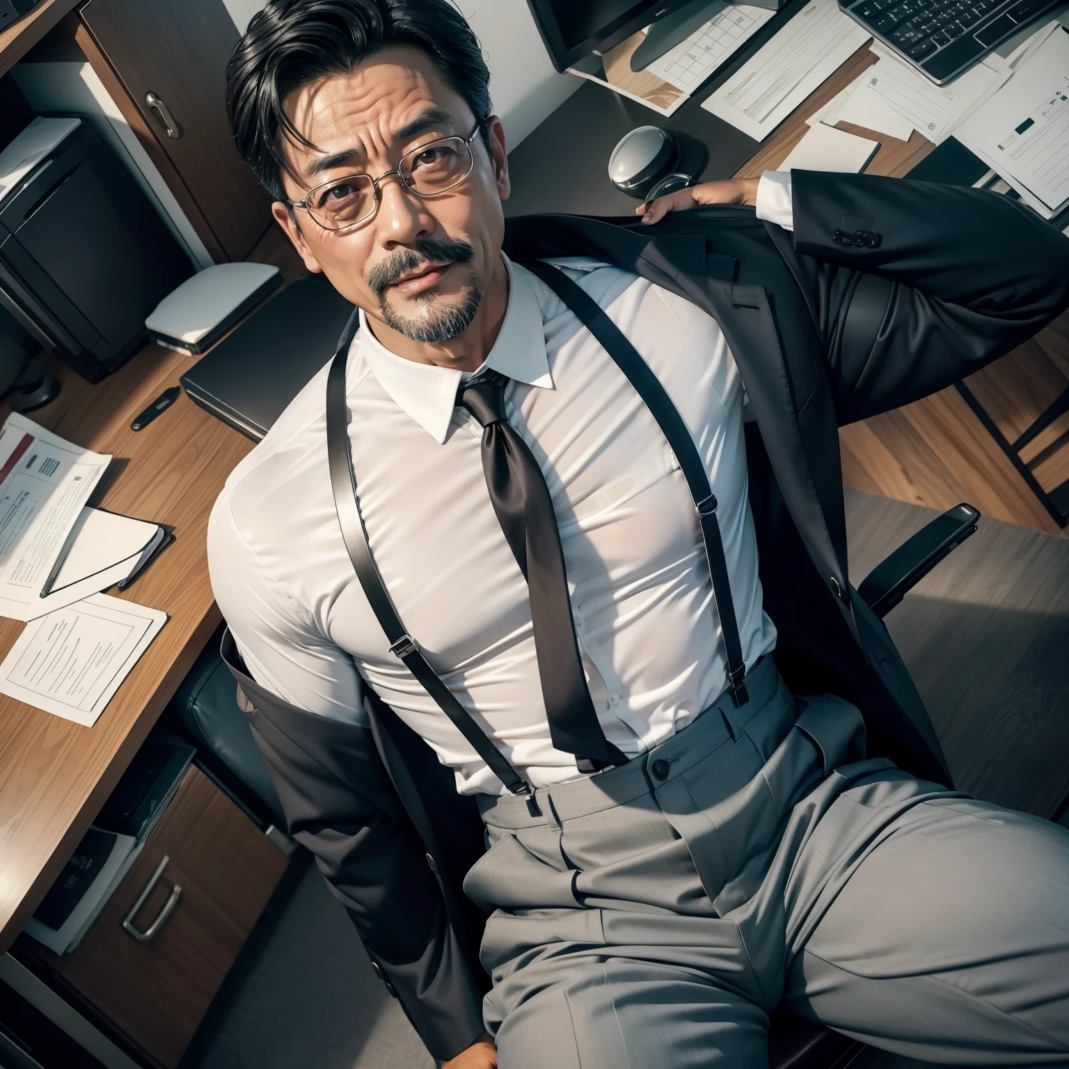 age 55,Kogoro Mouri,uncle,Tong,Bulge,Sitting in the office,Black short stockings,Slip shoes,lbeard,fortitude,Bukkake,k hd,artwork of a,an look of enjoyment,is shy,opening legs,wear suit,The crotch has columnar protrusions,God perspective,Take off your pants,There is milk on the pants,Top view , expression of ecstasy/orgasmc(Milky White translucent goo on stomach and chest)