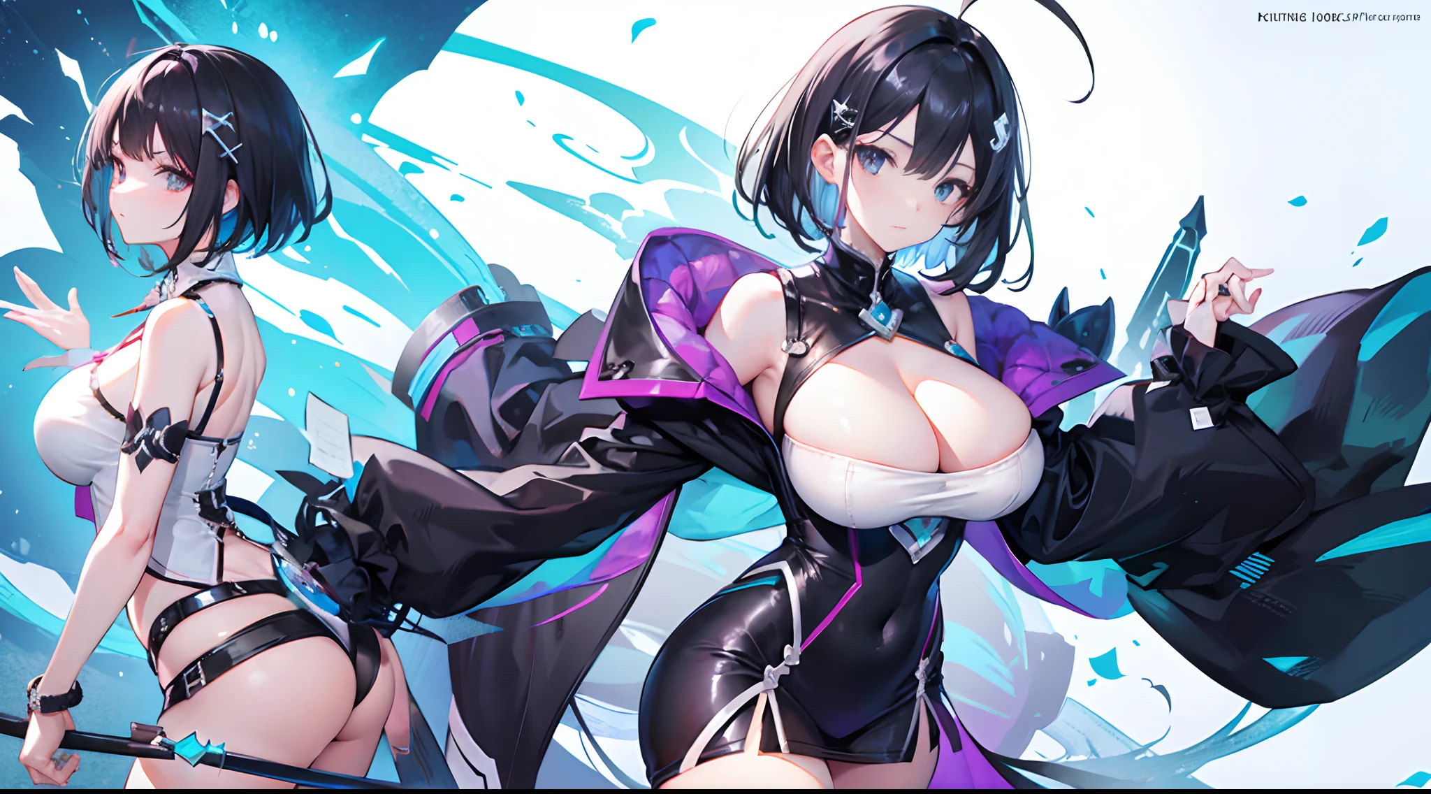 (gigantic cleavage breasts:1.7),Open legs,with short black hair,Hairpins
