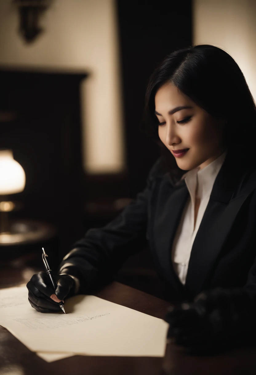 Wearing black leather gloves in both hands, upper body, black business suit, facing the desk in the modern study in the dark, looking down and smiling, writing a letter using a fountain pen, long, straight black hair, young Japanese woman (black leather gloves cover both hands)