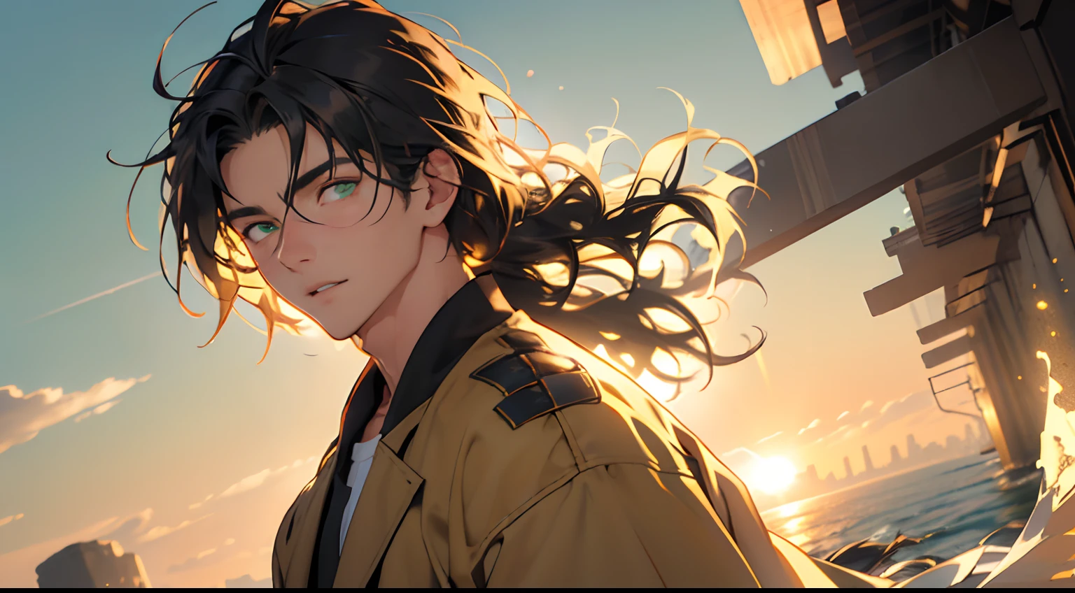 1 Young Man, 16〜20yr old, Details of face, hair messy, detailed hairs, 4K, High resolution, Looking away, Handsome, Face Focus, Detailed eye, mesmerizing eyes, Black hair, Medium length hair, The face is partially covered with hair, low angles, the golden hour, Backlight, Green eyes, Wind,