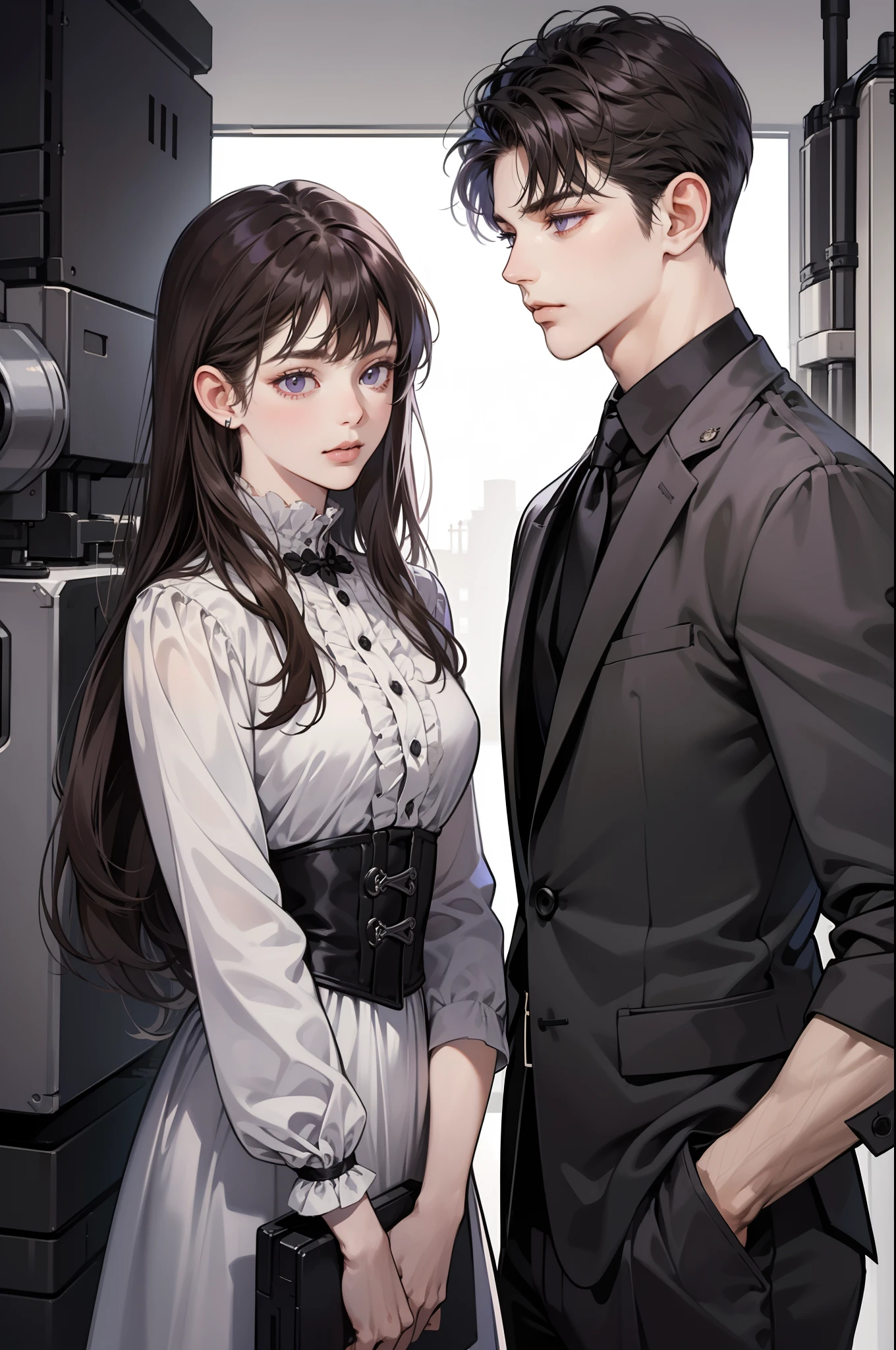 ((Masterpiece)), best quality, 1 boy and 1 girl, long straight black bang hair and purple eyes, short right-swept dark brown hair and dark grey eyes, (Partner in crime), boy is tall, 25 year old, mafia, (has a machine gun), side by side, detailed, 4K, ((cooler color tone)), Victorian era