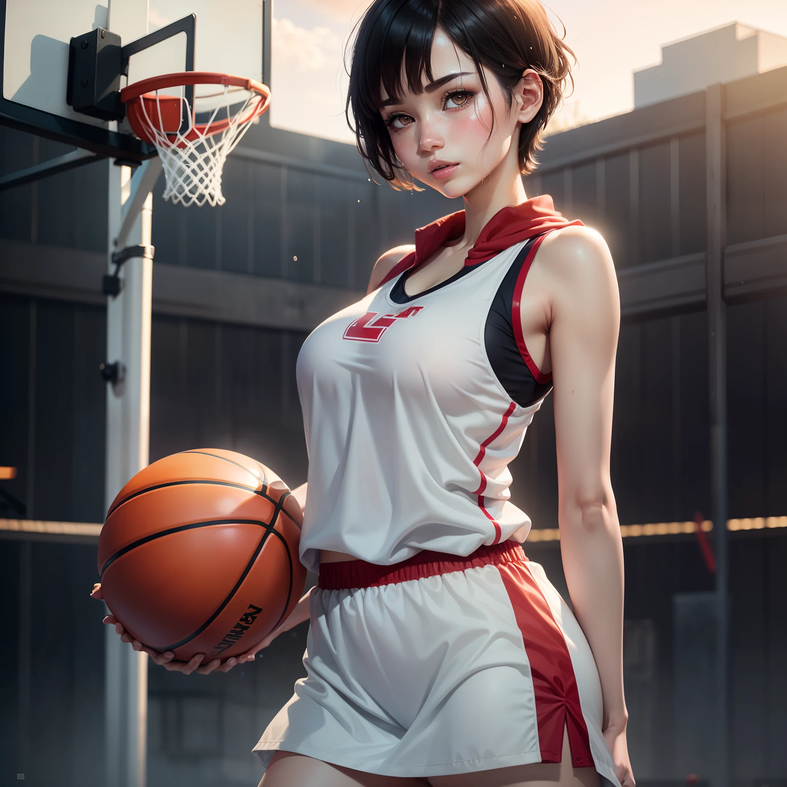 (RAW Photography、4k、masterpiece、hight resolution、very intricate)(realisitic:1.4)、Movie lighting
1 girl、solofocus、Summer noon、hot、1990's\(styles\)、(top-quality)、(Hi-Res)、(extremely delicate and beautiful)、Wide open chest、(Beautiful 8k face)、(brown-eyed)、(ulzzang-6500:1.0)、(独奏)、(Lookside)、(audience)、(huge tit)、(NBA)、Stooping、Looking up angle、Lookside、(side)、Beautiful panties、Beautiful navel、Beautiful armpits、Beautiful facial features、、(Ultra Mini Skirt Sportswear)、((playing basketball))、((Gymnasium))、((speedo))、(现实)、