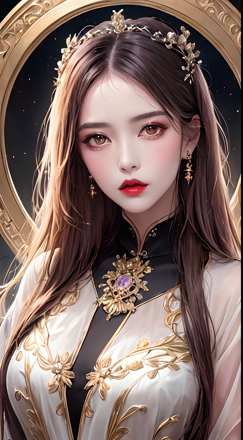 1 27-year-old girl, 1 zodiac goddess from the future, goddess of the pink and purple 12 zodiacs, the goddess of the zodiac in a yellow ao dai, a 12 zodiac ao dai with many black lace detail, mythology Goddess of the 12 zodiacs from the future, zodiac ♏, luxurious glittering zodiac style, dark and mysterious version, zodiac crown, lipstick lips red, thin and beautiful lips, mouth closed, characters made by karol bak and pino daeni, intricate detail, detailed background, extremely detailed, light magic, a woman, clear face, hair long with bangs, beautiful face in detail and well-proportioned eyes, (transparent yellow eyes: 1.8), big round eyes and very beautiful and detailed makeup, foresight, silk dress, mysterious makeup , double bangs and dyed light blonde , upper half portrait, zodiac goddess portrait, arms hanging loosely, Realistic and vivid photo, (stars make up the zodiac: 1.7), (sky background zodiac and fictitious space and time portal: 1.8), fiction art, RAW photo, hanfu picture, best photo, best photo quality, 8k quality, 8k ultra, super realistic, real photo most economical, the goddess poses sexy and seductive,