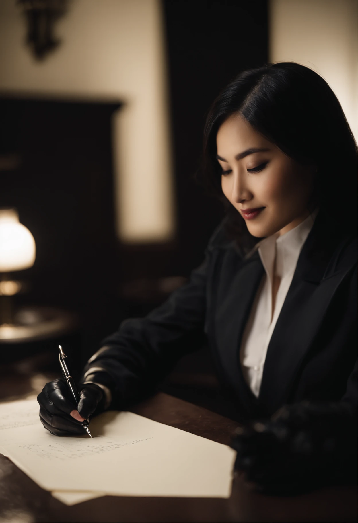 Wearing black leather gloves in both hands, upper body, black business suit, facing the desk in the modern study in the dark, looking down and smiling, writing a letter using a fountain pen, long, straight black hair, young Japanese woman (black leather gloves cover both hands)