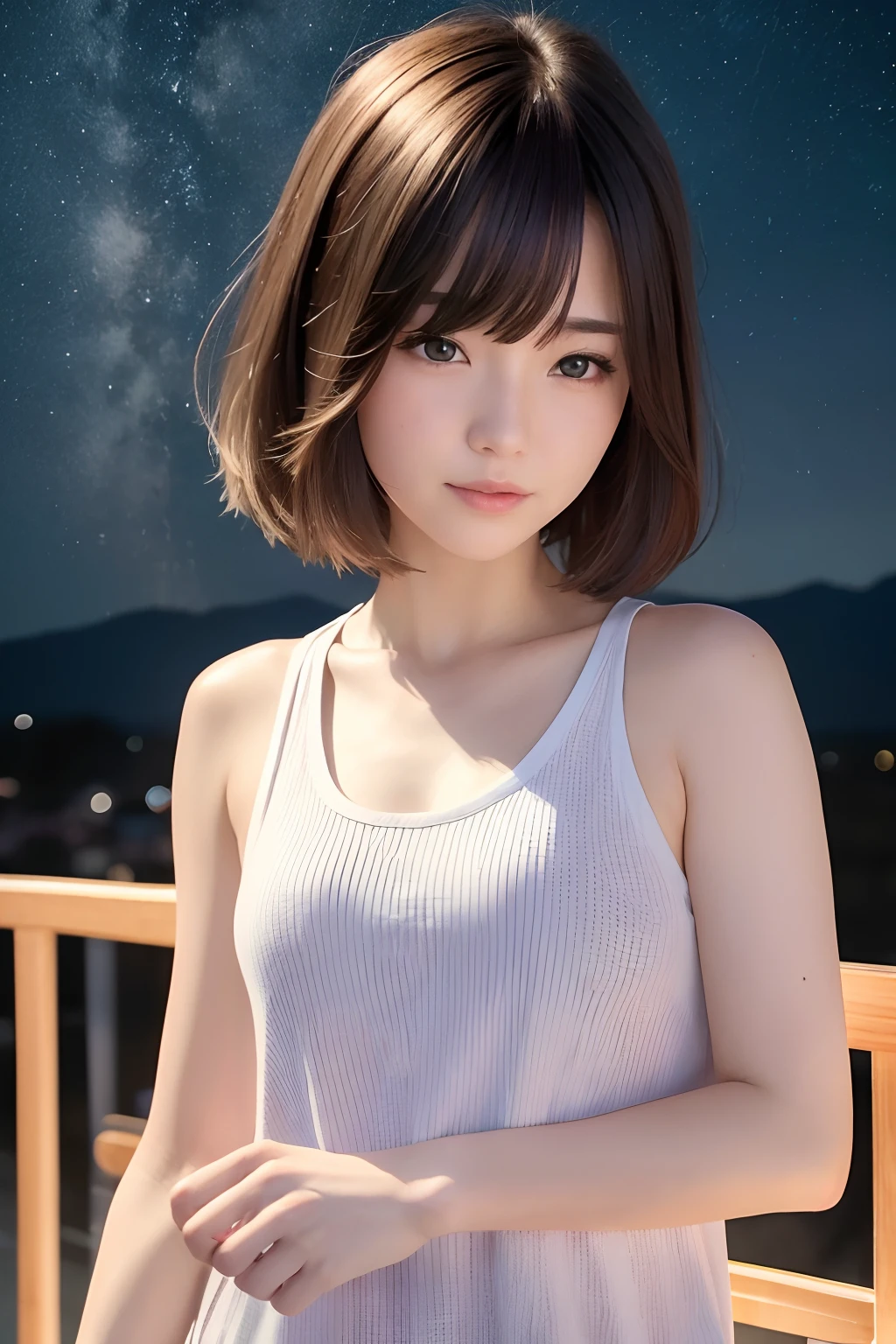 (8k, top-quality, masterpiece:1.2), (realisitic, Photorealsitic:1.37), ultra-detailliert, One Girl,cute little, 独奏,Beautiful detailed sky,date,(Nasal blush),(a smile:1.15),(a closed mouth)tiny chest、beatiful detailed eyes、(length hair: 1.2)、Floating Hair NovaFrogStyle、The upper part of the body、Tank tops、nighttime scene、look down from above