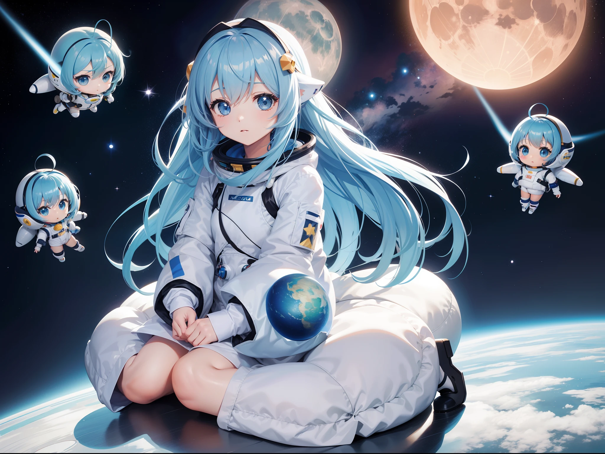 Tachibi character in spacesuit Ride a big spaceship into space space suits long hair with blue hair((Chibi Chara))、Fluffy、girl with、Chibi Chara、full body Esbian、Pastel colors hair、masutepiece、top-quality、a moon constellation planet earth
