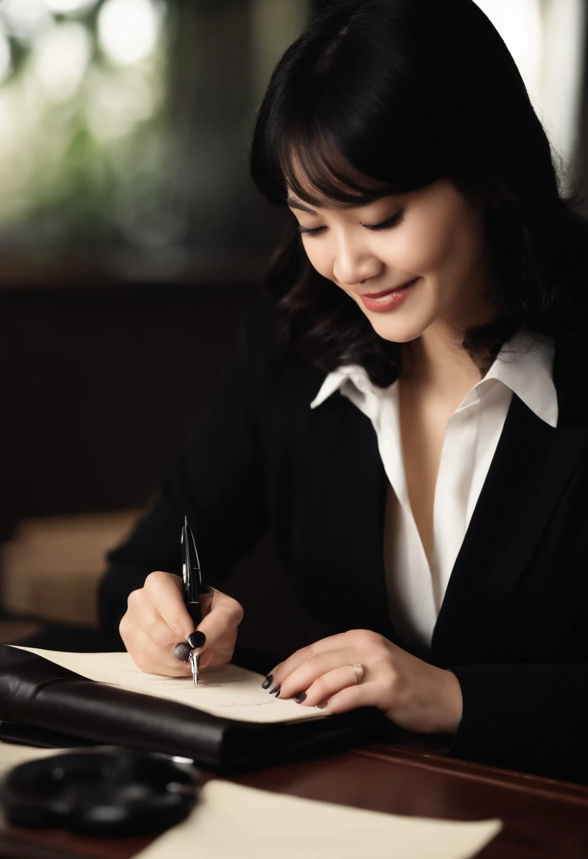 Wearing black leather gloves in both hands, upper body, black business suit, facing the desk in the modern study in the dark, looking down and smiling, writing a letter using a fountain pen, long, straight black hair, young Japanese woman (black leather gloves cover both hands)
