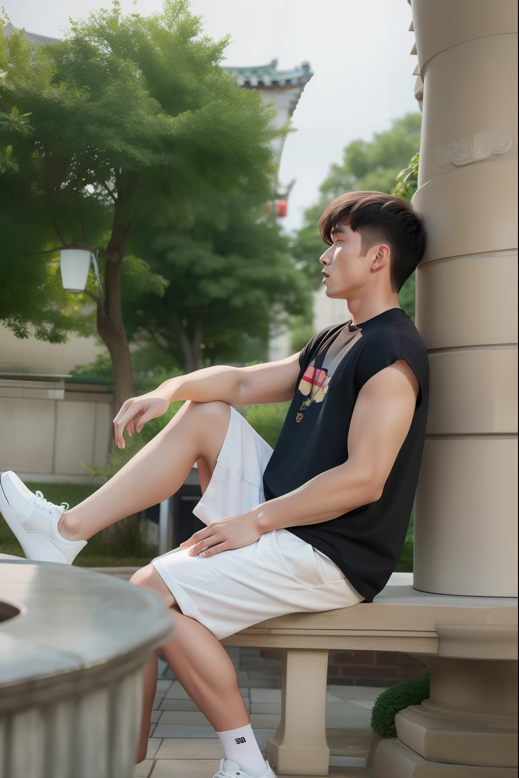 There was a man sitting on a bench next to the fountain, wearing sleeveless t-shirt，Tall young man, in shorts and t-shirt, high quality portrait, profile picture 1024px, Avatar image, Inspired by Xiao Yuncong, clothed in ancient street wear, inspired by Gang Hui-an, inspired by Chen Daofu