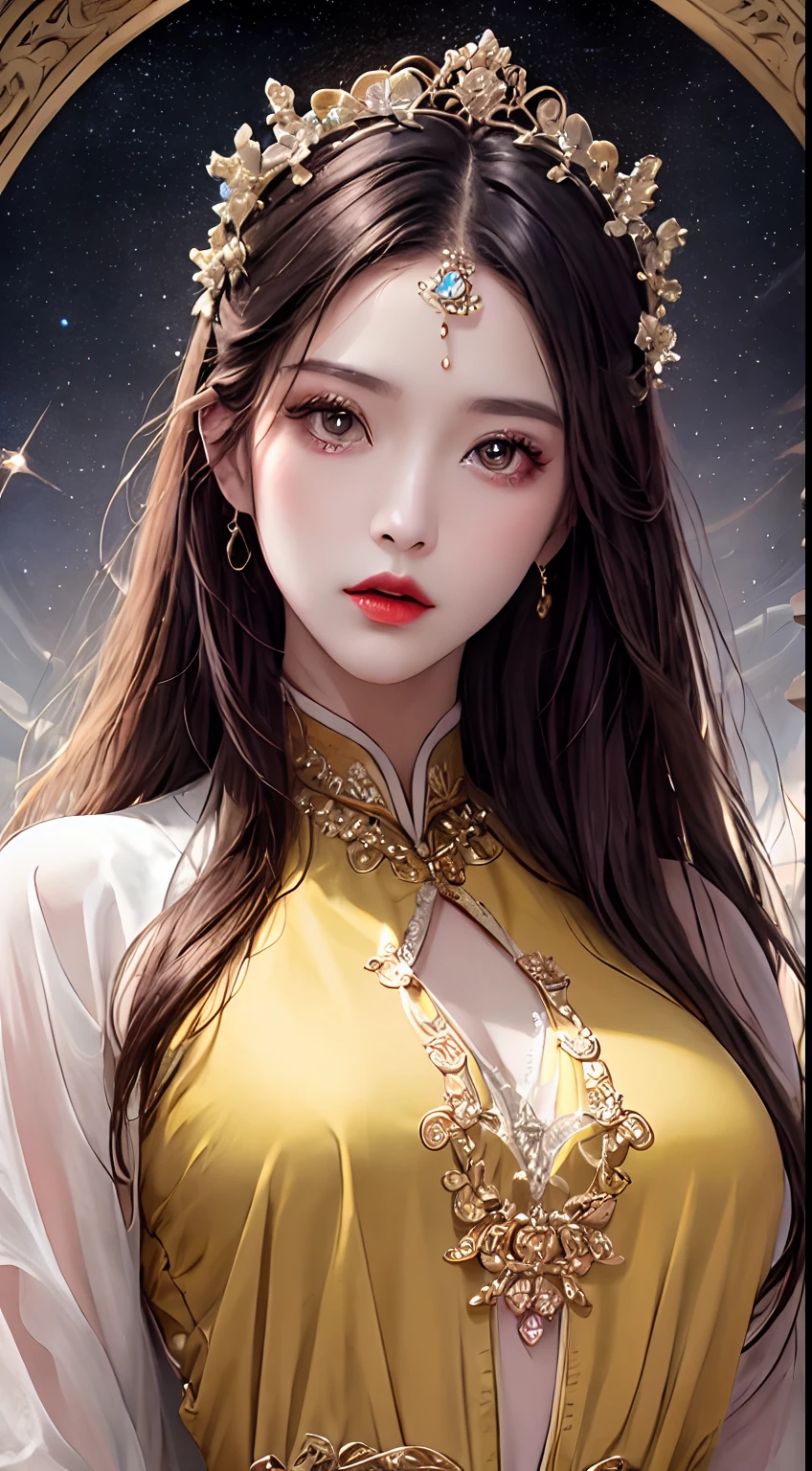 1 27-year-old girl, 1 zodiac goddess from the future, goddess of the pink and purple 12 zodiacs, the goddess of the zodiac in a yellow ao dai, a 12 zodiac ao dai with many black lace detail, mythology Goddess of the 12 zodiacs from the future, zodiac ♏, luxurious glittering zodiac style, dark and mysterious version, zodiac crown, lipstick lips red, thin and beautiful lips, mouth closed, characters made by karol bak and pino daeni, intricate detail, detailed background, extremely detailed, light magic, a woman, clear face, hair long with bangs, beautiful face in detail and well-proportioned eyes, (transparent yellow eyes: 1.8), big round eyes and very beautiful and detailed makeup, foresight, silk dress, mysterious makeup , double bangs and dyed light blonde , upper half portrait, zodiac goddess portrait, arms hanging loosely, Realistic and vivid photo, (stars make up the zodiac: 1.7), (sky background zodiac and fictitious space and time portal: 1.8), fiction art, RAW photo, hanfu picture, best photo, best photo quality, 8k quality, 8k ultra, super realistic, real photo most economical, the goddess poses sexy and seductive,
